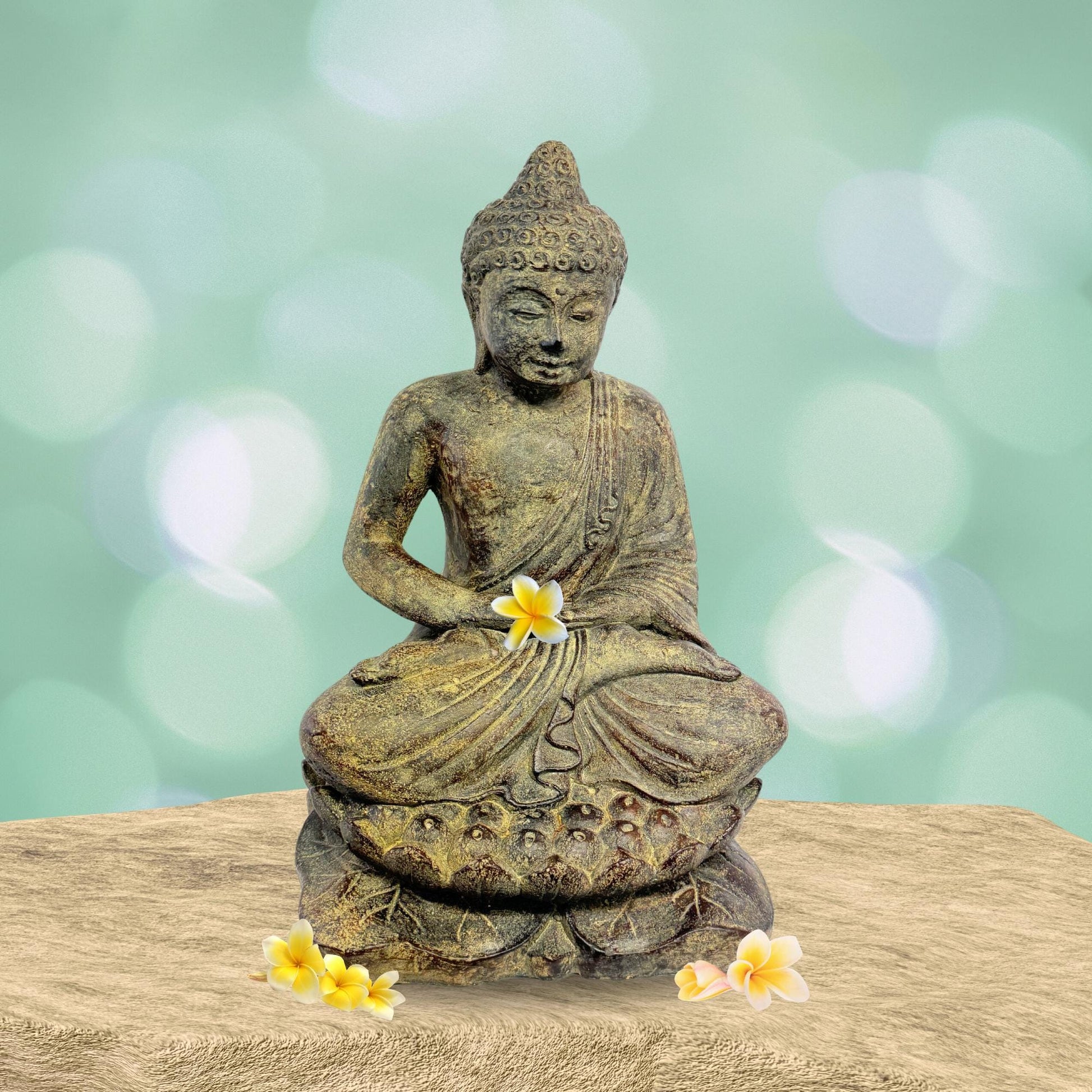 Dhyana Mudra Buddha Garden Statue Sculpture Lotus Pose Meditating Upon Padma Base Bali Art Cast Lava Stone Concrete - Acadia World Traders