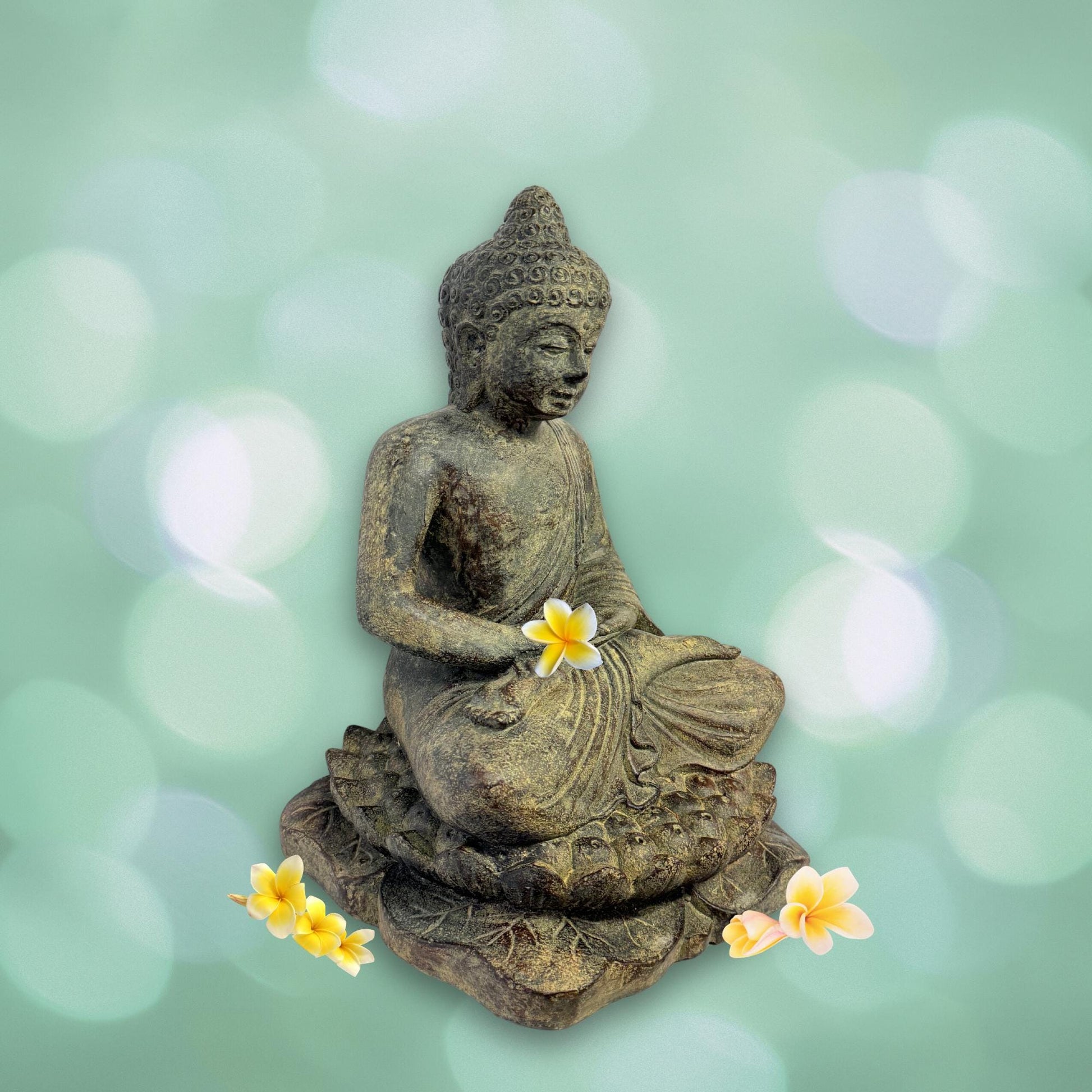 Dhyana Mudra Buddha Garden Statue Sculpture Lotus Pose Meditating Upon Padma Base Bali Art Cast Lava Stone Concrete - Acadia World Traders