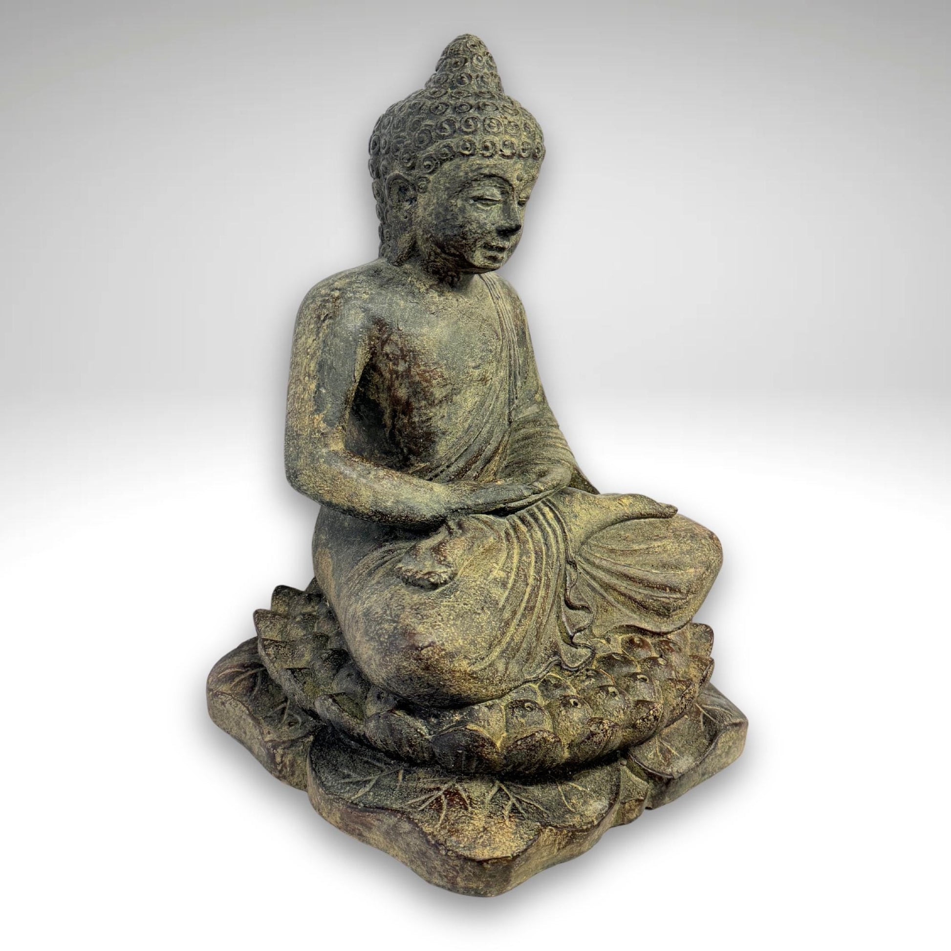 Dhyana Mudra Buddha Garden Statue Sculpture Lotus Pose Meditating Upon Padma Base Bali Art Cast Lava Stone Concrete - Acadia World Traders