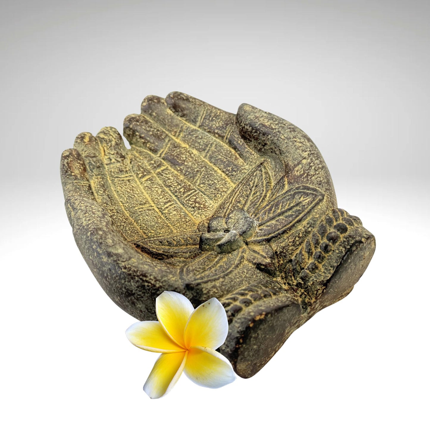 Buddha Blessing Mudra Hand Incense Burner Offering Bowl Ash Catcher Balinese cast Lava stone Boho Eclectic art Handmade Hamsa Fatima hand - Acadia World Traders