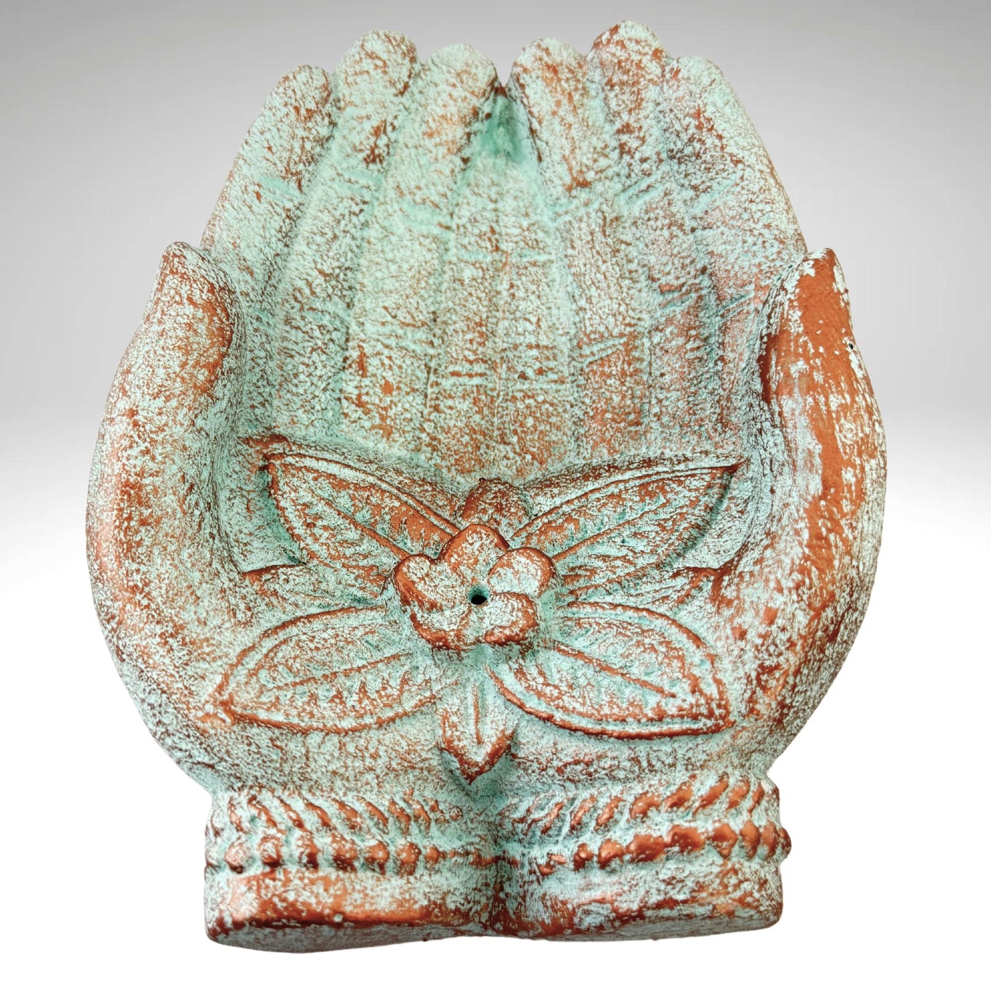 Buddha Blessing Mudra Hand Incense Burner Offering Bowl Ash Catcher Balinese cast Lava stone Boho Eclectic art Handmade Hamsa Fatima hand - Acadia World Traders