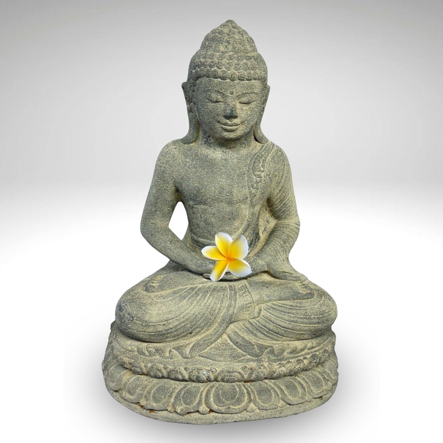 Dhyana Mudra Buddha Garden Statue Sculpture Lotus Pose Meditating Upon Padma Base Bali Art Cast Lava Stone Concrete - Acadia World Traders