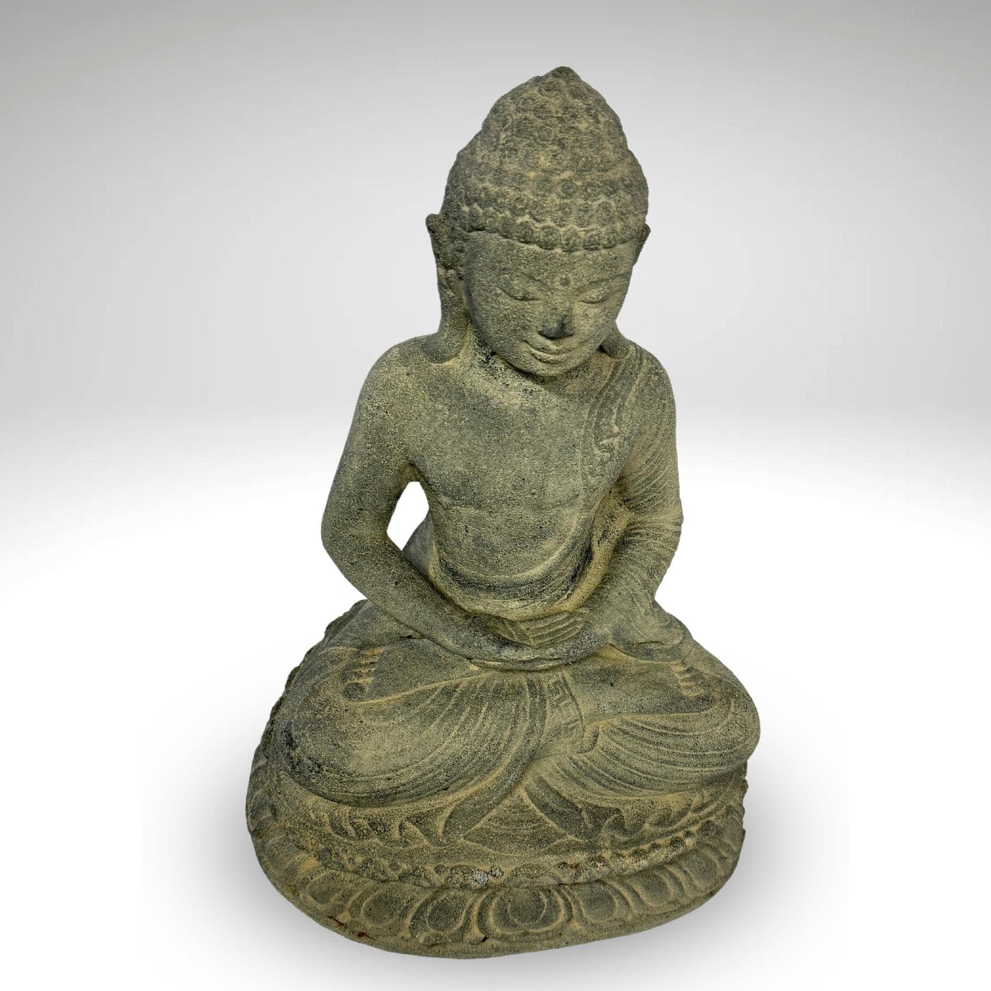 Dhyana Mudra Buddha Garden Statue Sculpture Lotus Pose Meditating Upon Padma Base Bali Art Cast Lava Stone Concrete - Acadia World Traders