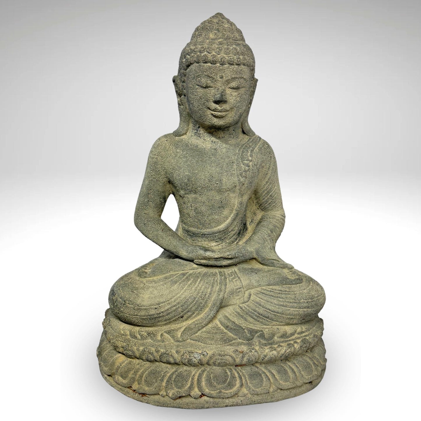 Dhyana Mudra Buddha Garden Statue Sculpture Lotus Pose Meditating Upon Padma Base Bali Art Cast Lava Stone Concrete - Acadia World Traders