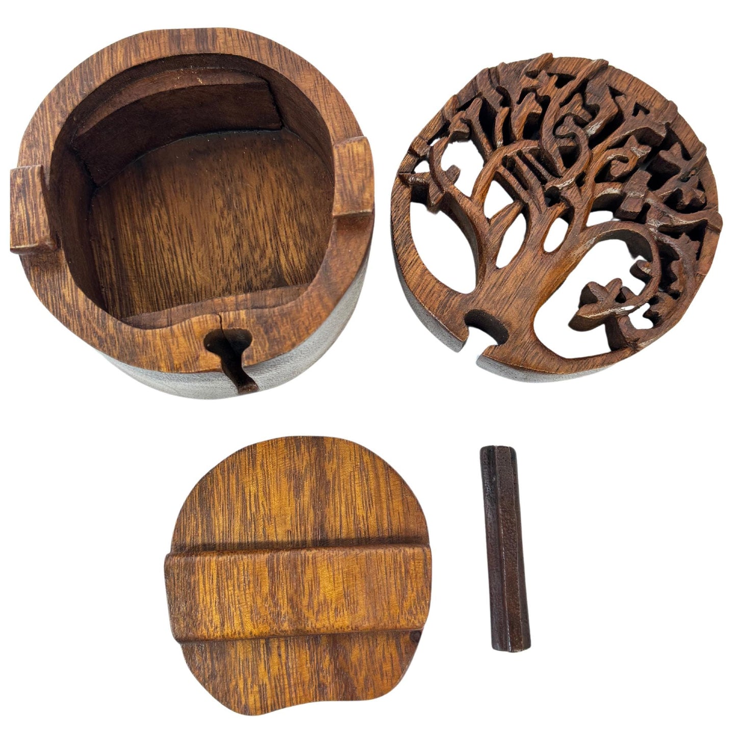 Balinese Tree of Life Secret puzzle Round Box Stash Trinket jewelry gift box Hand carved suar wood Bali Art
