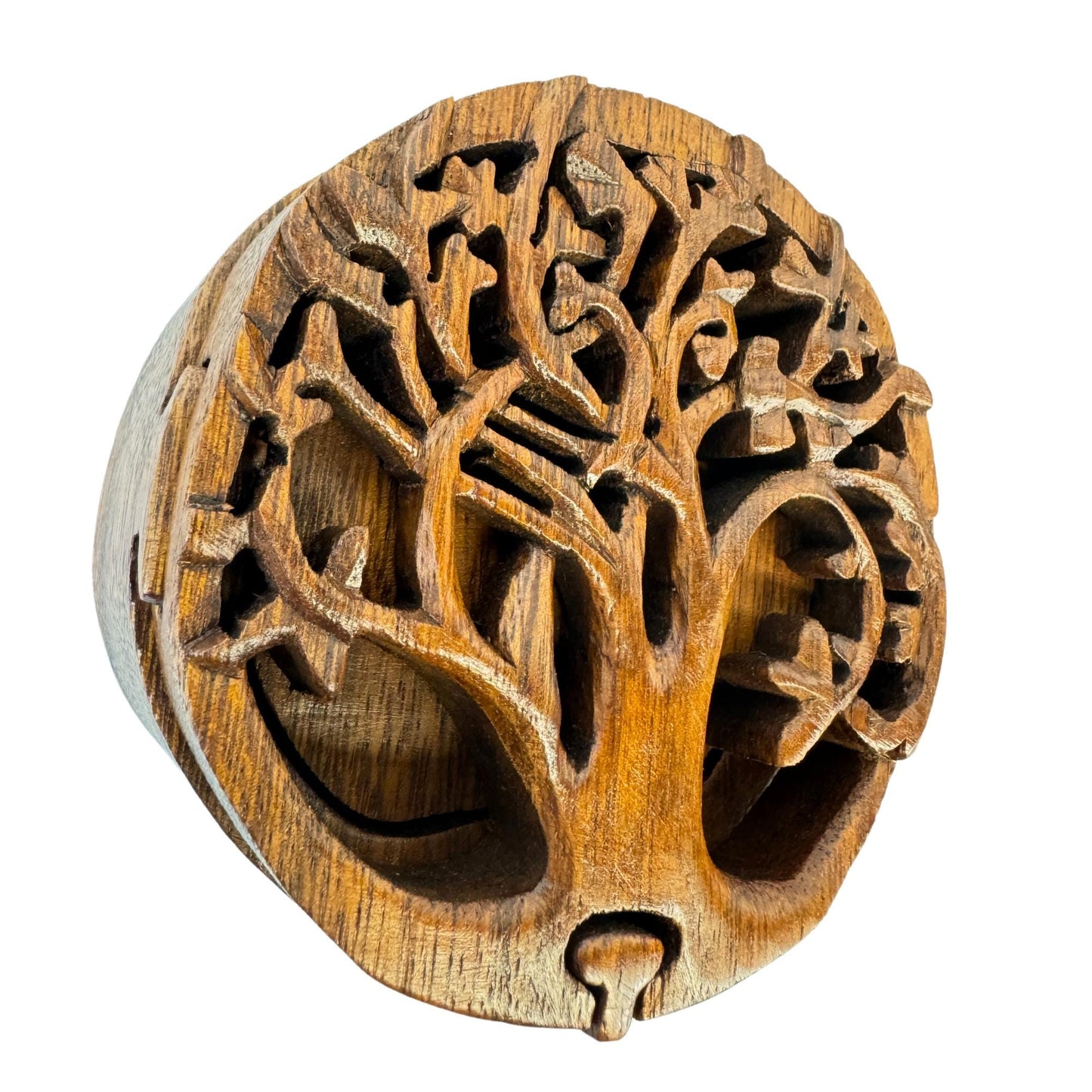 Balinese Tree of Life Secret puzzle Round Box Stash Trinket jewelry gift box Hand carved suar wood Bali Art