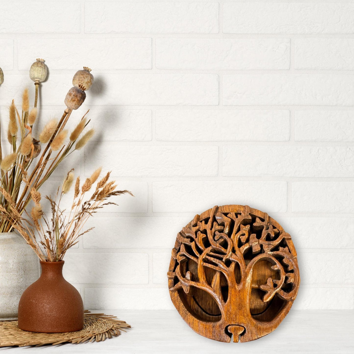 Balinese Tree of Life Secret puzzle Round Box Stash Trinket jewelry gift box Hand carved suar wood Bali Art