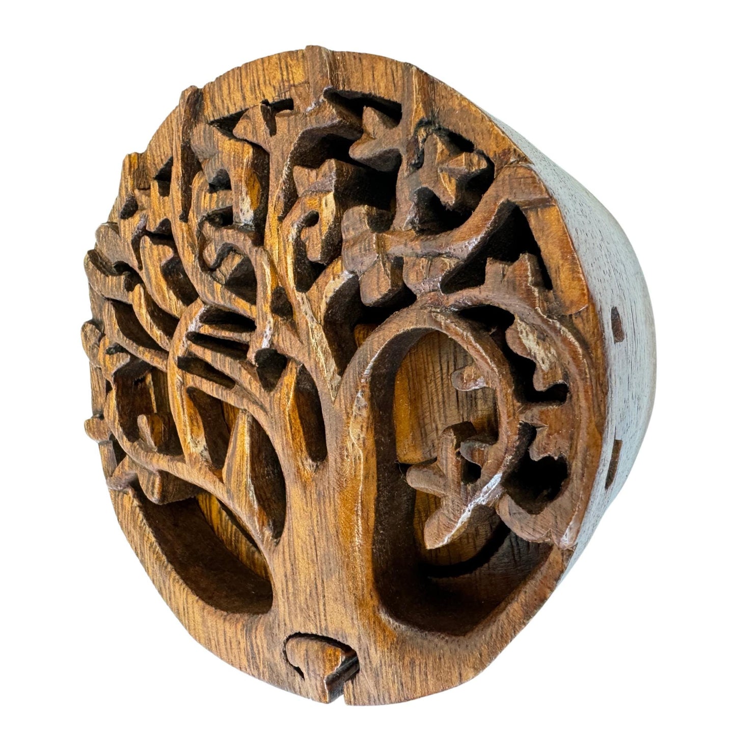 Balinese Tree of Life Secret puzzle Round Box Stash Trinket jewelry gift box Hand carved suar wood Bali Art