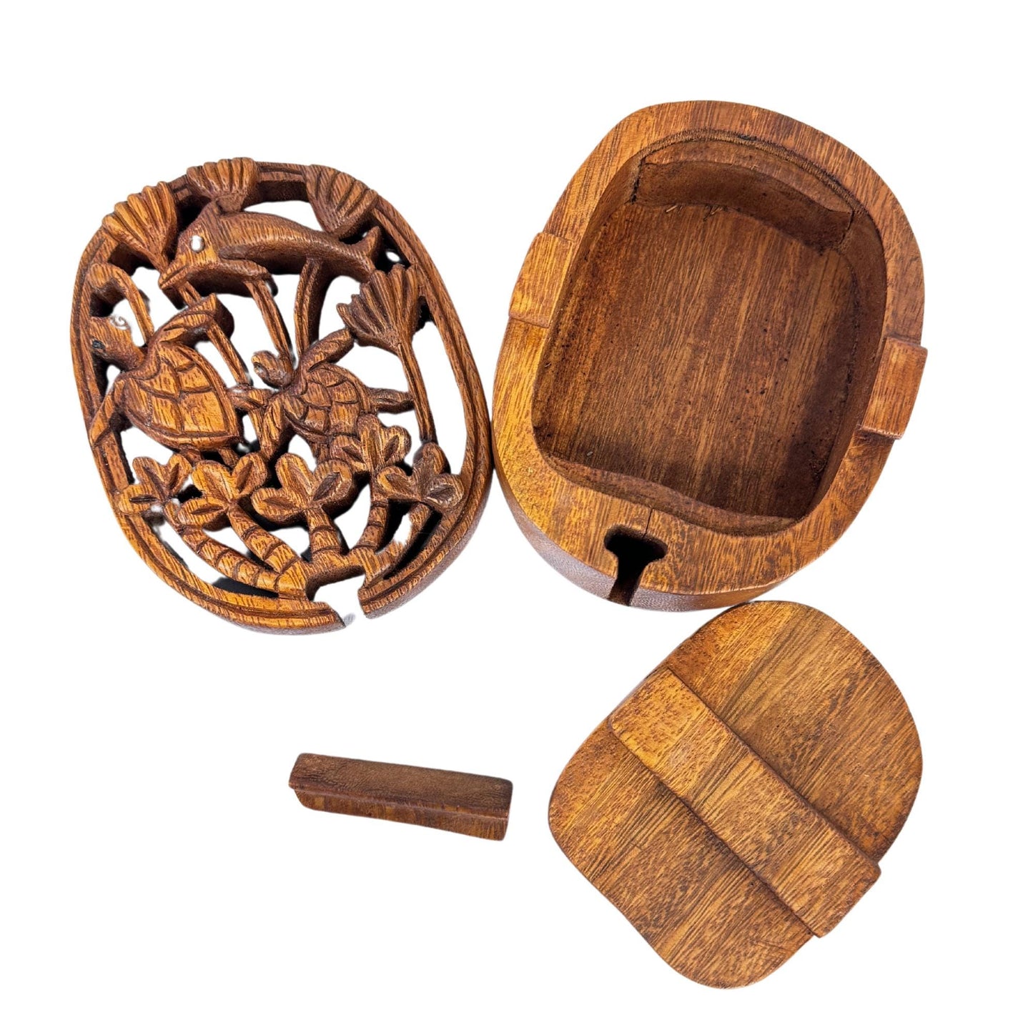 Hand Carved Wood Marine life Puzzle Box: Sea Turtle & Dolphin Stash Box