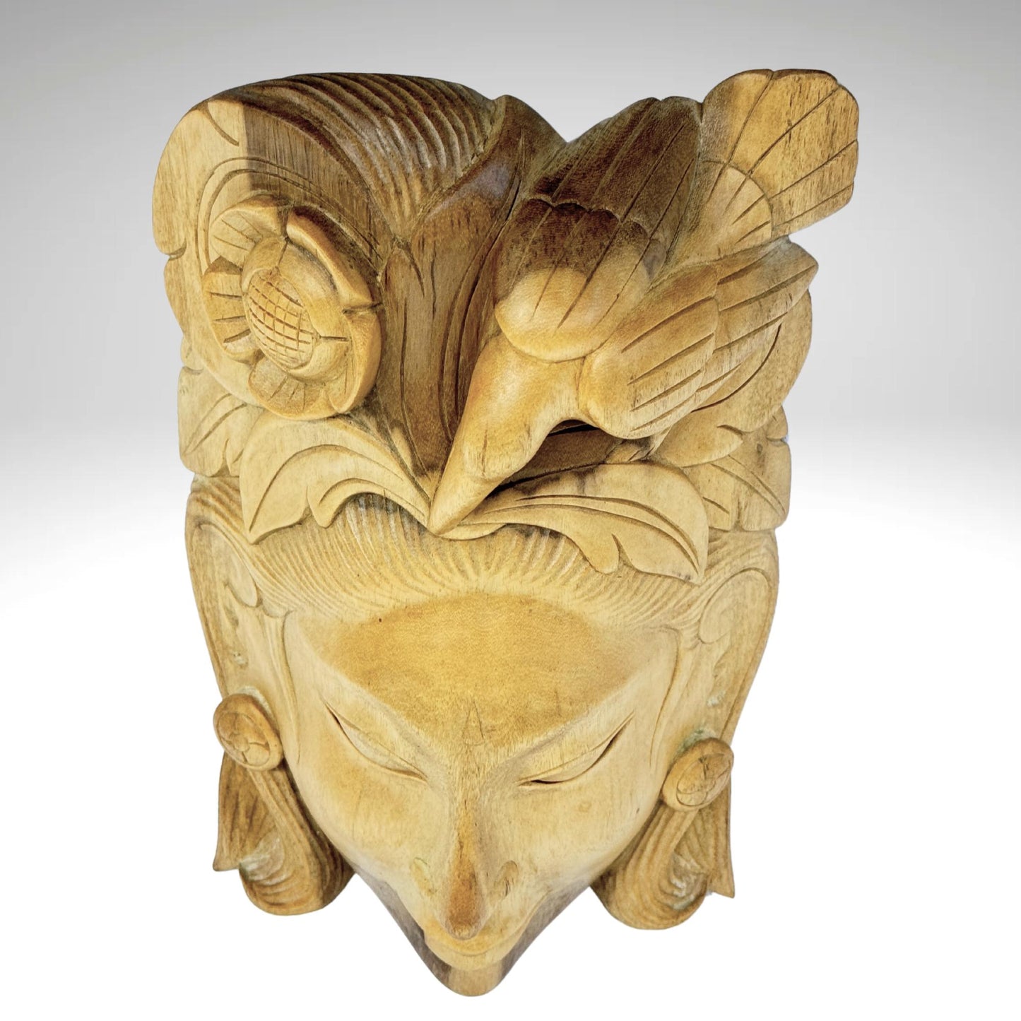 Balinese Mask Dewi Sri Bawang Forest Goddess Hand Carved Wood Carving Bali folk art wall decor - Acadia World Traders