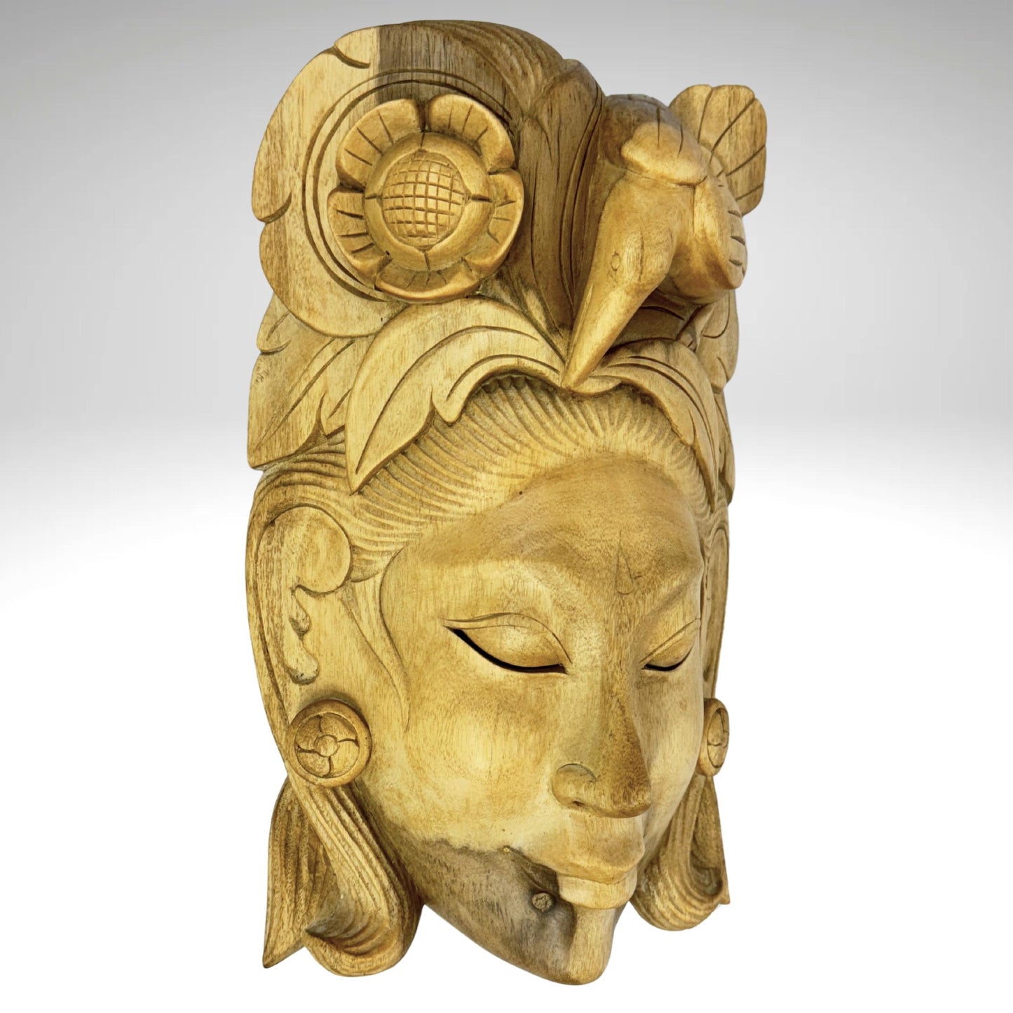 Balinese Mask Dewi Sri Bawang Forest Goddess Hand Carved Wood Carving Bali folk art wall decor - Acadia World Traders