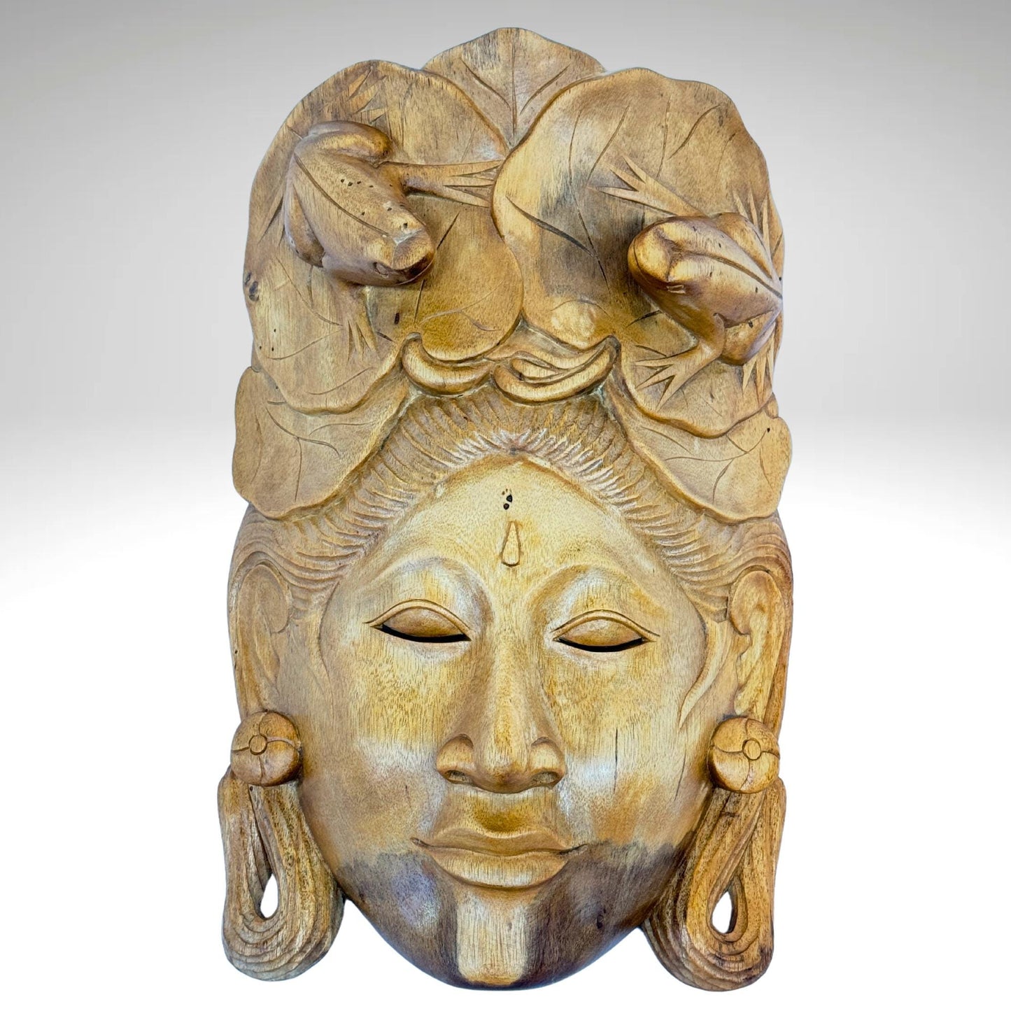 Balinese Mask Dewi Sri With Frogs Fertility Good Luck Abundance Goddess Hand Carved Wood Carving Bali folk art wall decor - Acadia World Traders