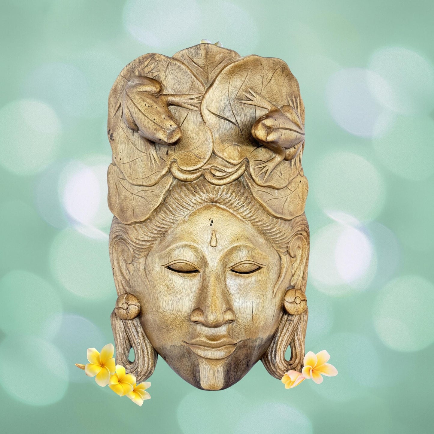 Balinese Mask Dewi Sri With Frogs Fertility Good Luck Abundance Goddess Hand Carved Wood Carving Bali folk art wall decor - Acadia World Traders