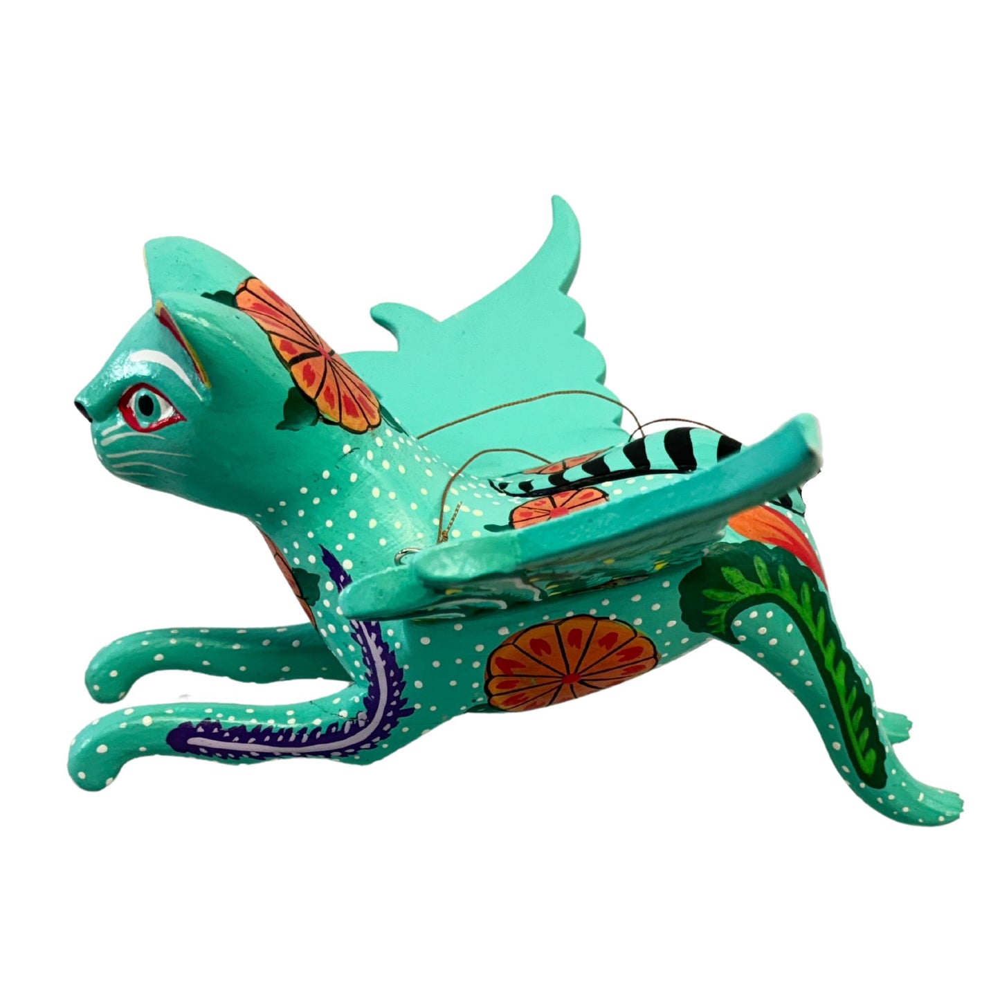 Winged Cat Mobile Marigold kitty Spiritchaser Demon chaser cradle guardian hand carved wood Cat Lady Balinese Folk Art Turquoise