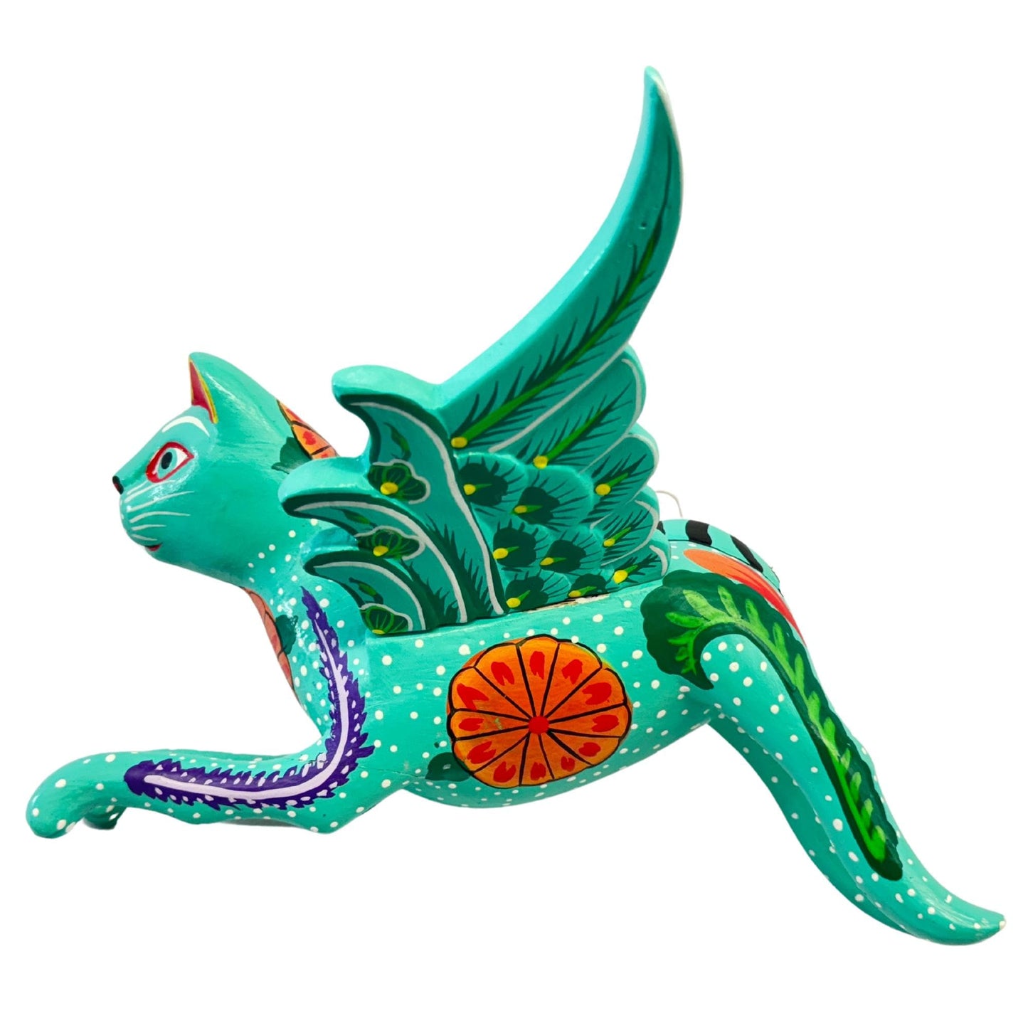 Winged Cat Mobile Marigold kitty Spiritchaser Demon chaser cradle guardian hand carved wood Cat Lady Balinese Folk Art Turquoise