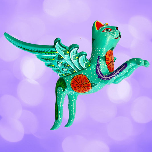 Winged  Cat Mobile Marigold kitty Spiritchaser Demon chaser cradle guardian hand carved wood Cat Lady Balinese Folk Art Turquoise