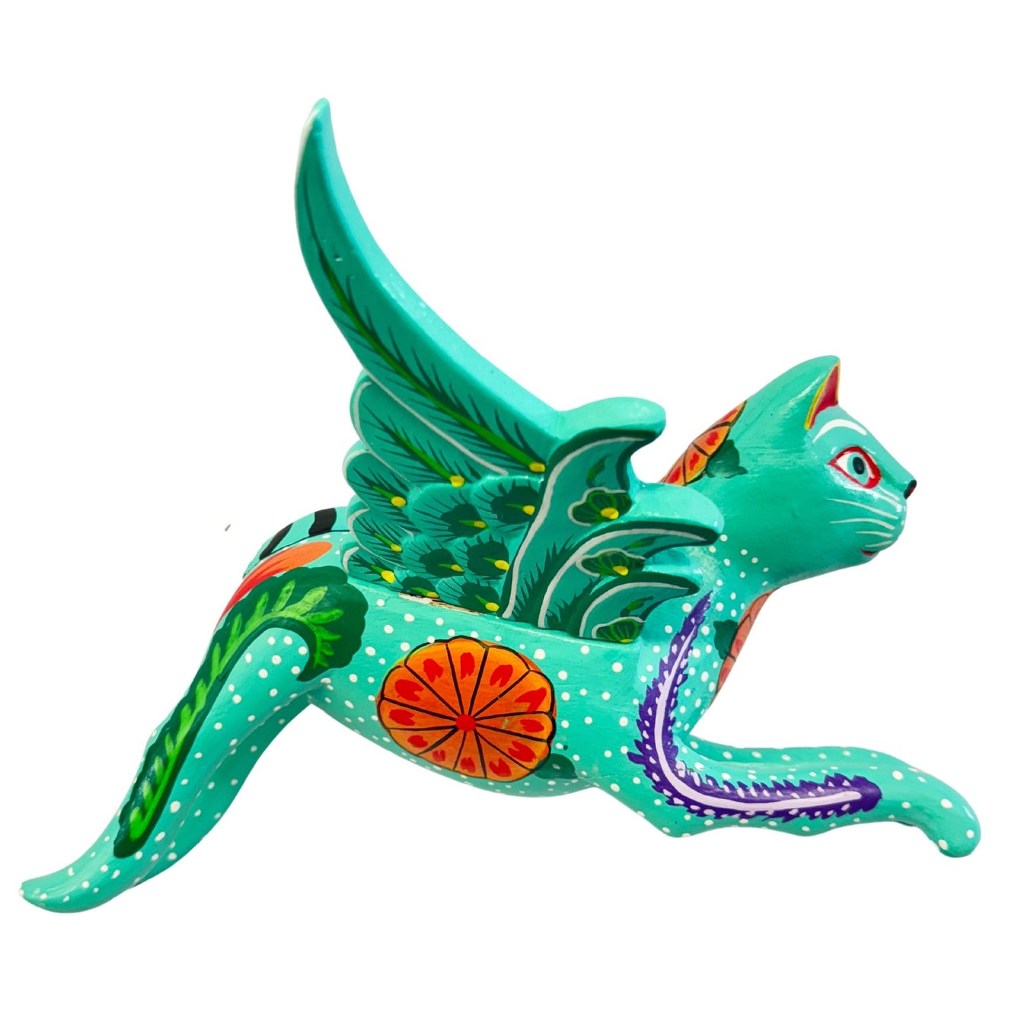 Winged Cat Mobile Marigold kitty Spiritchaser Demon chaser cradle guardian hand carved wood Cat Lady Balinese Folk Art Turquoise