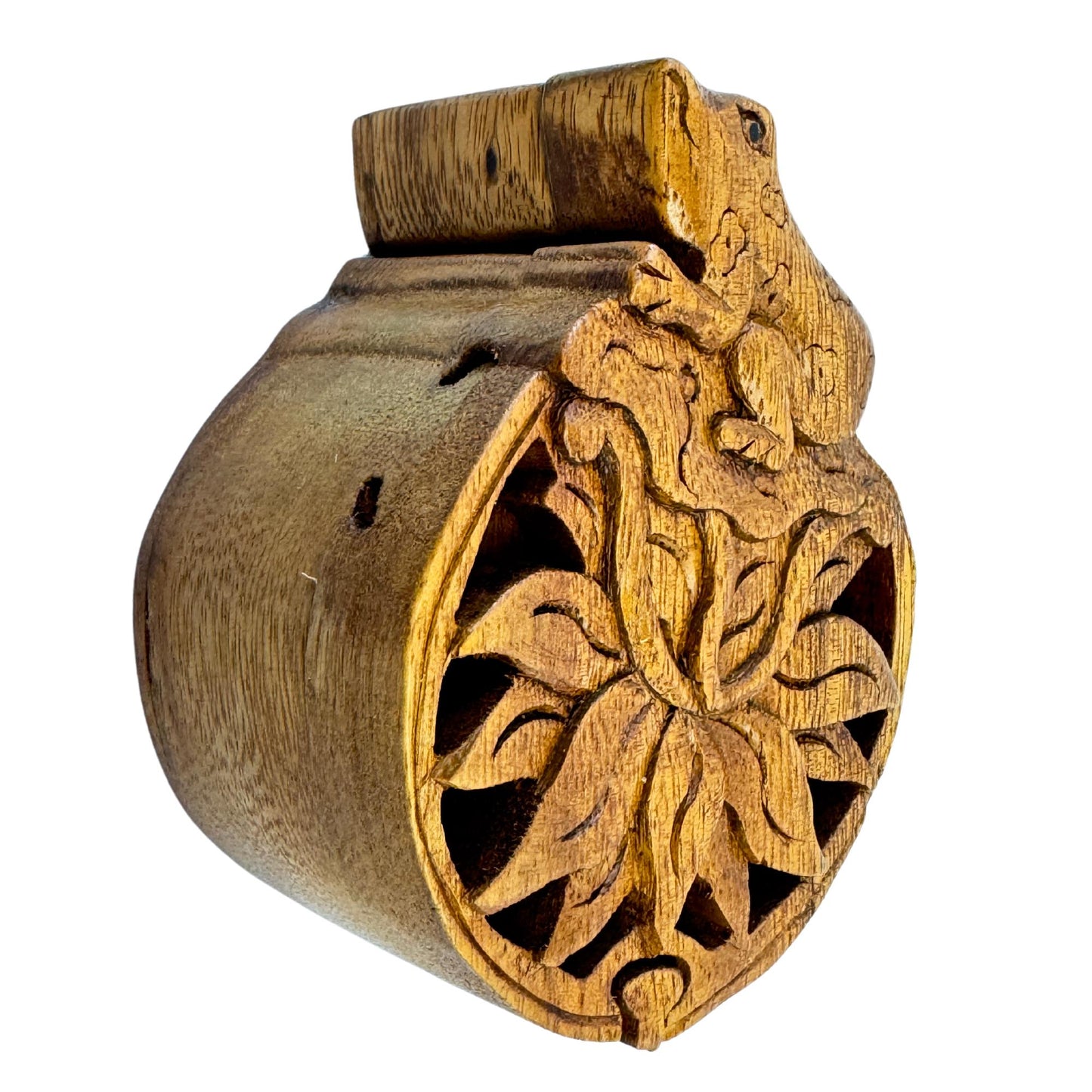 Frog on Lotus WaterlilySecret Puzzle stash jewelry Box Gift Box Hand Carved Wood Frog Carving