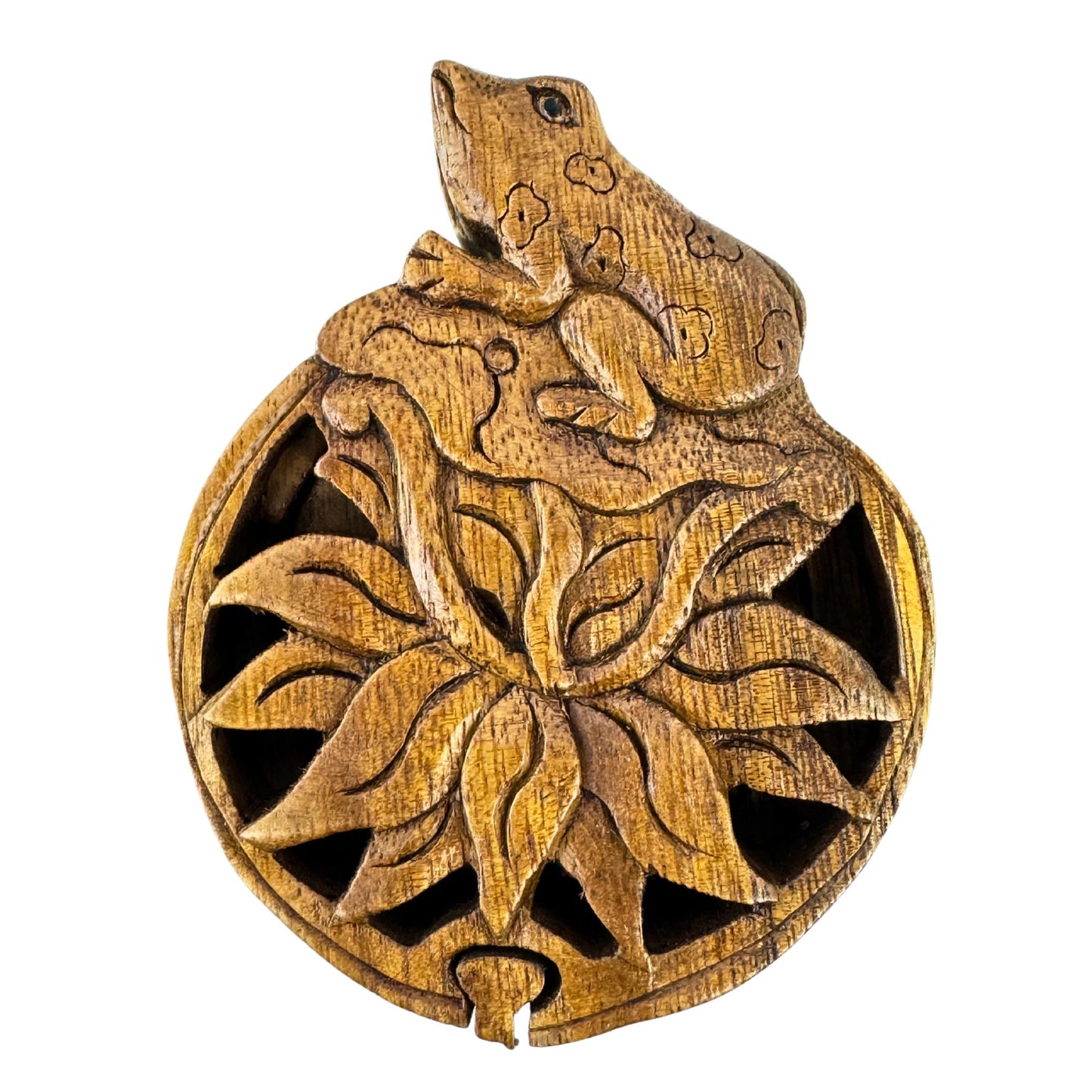 Frog on Lotus WaterlilySecret Puzzle stash jewelry Box Gift Box Hand Carved Wood Frog Carving