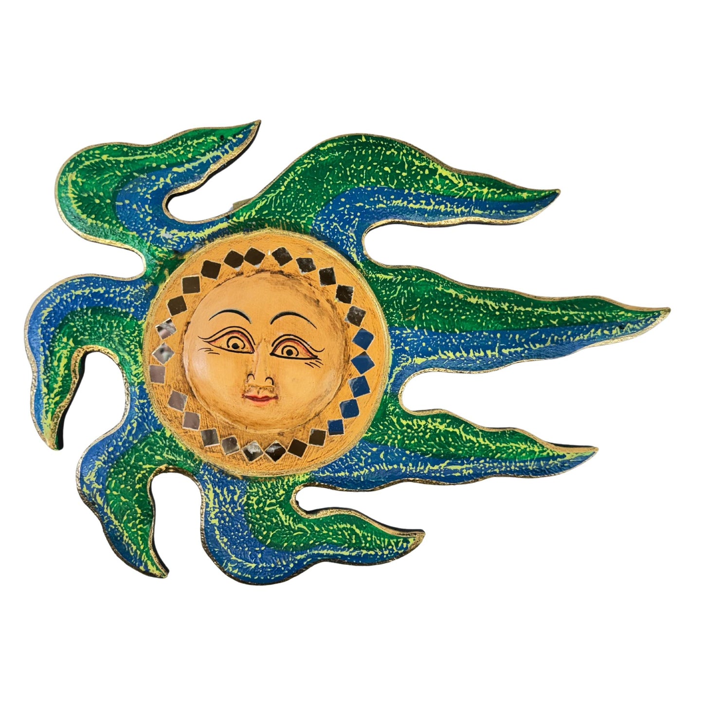 Wind Blown Sun Mini Sunburst Celestial Wall Art Plaque Carved hand painted Bali Balinese folk art Blue Green 12"