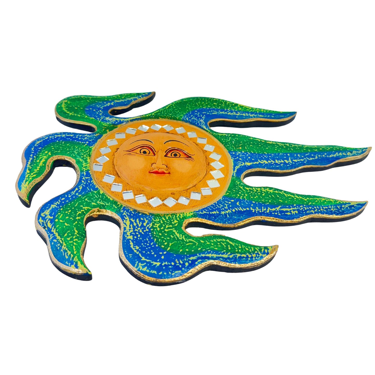 Wind Blown Sun Mini Sunburst Celestial Wall Art Plaque Carved hand painted Bali Balinese folk art Blue Green 12"