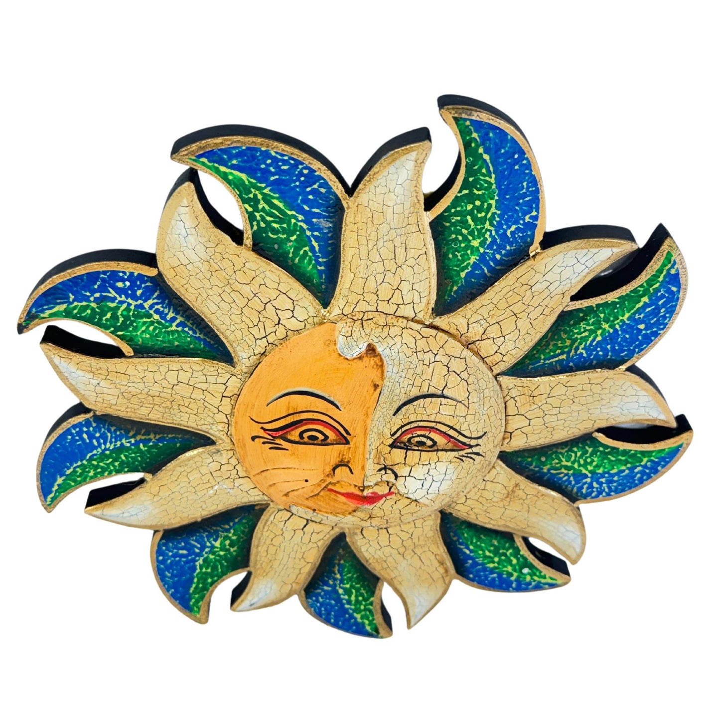 Wind Blown Sun & Moon Eclipse Mini Sunburst Celestial Wall Art Plaque Carved hand painted Bali Balinese folk art Blue Green 8"