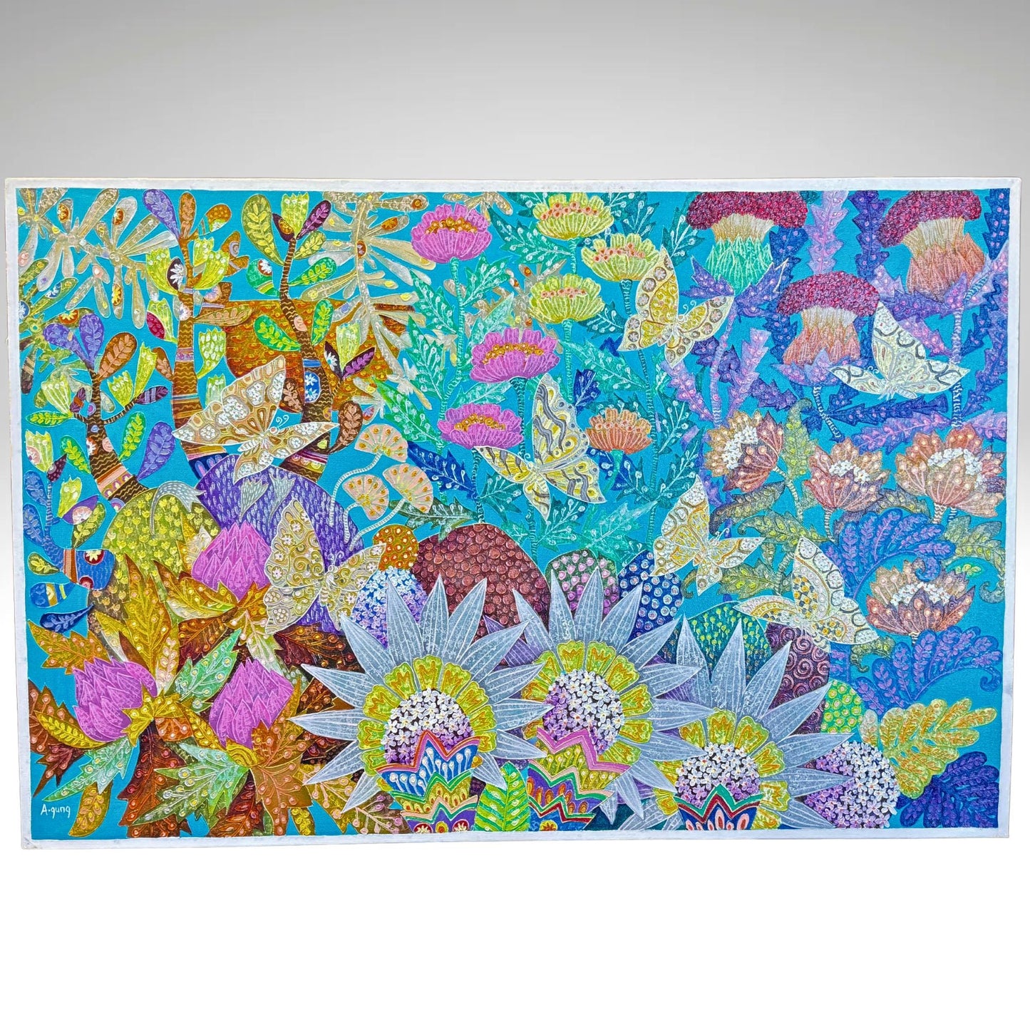 Passion Flower Butterfly Garden Fine art Painting Acrylic Canvas signed Agung Bali Wall Art Bohemian Decor Turquoise Purple Psychedelic Art - Acadia World Traders