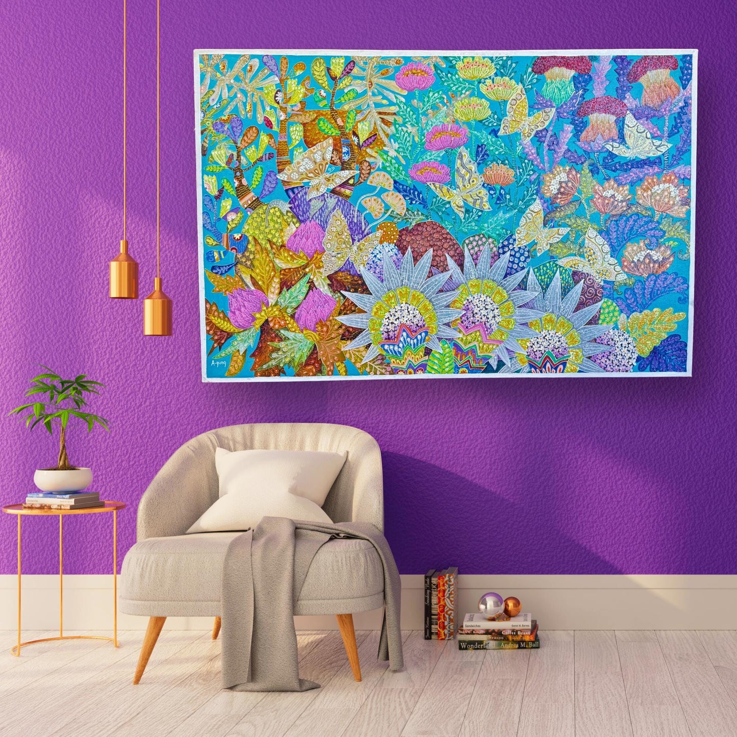 Passion Flower Butterfly Garden Fine art Painting Acrylic Canvas signed Agung Bali Wall Art Bohemian Decor Turquoise Purple Psychedelic Art - Acadia World Traders