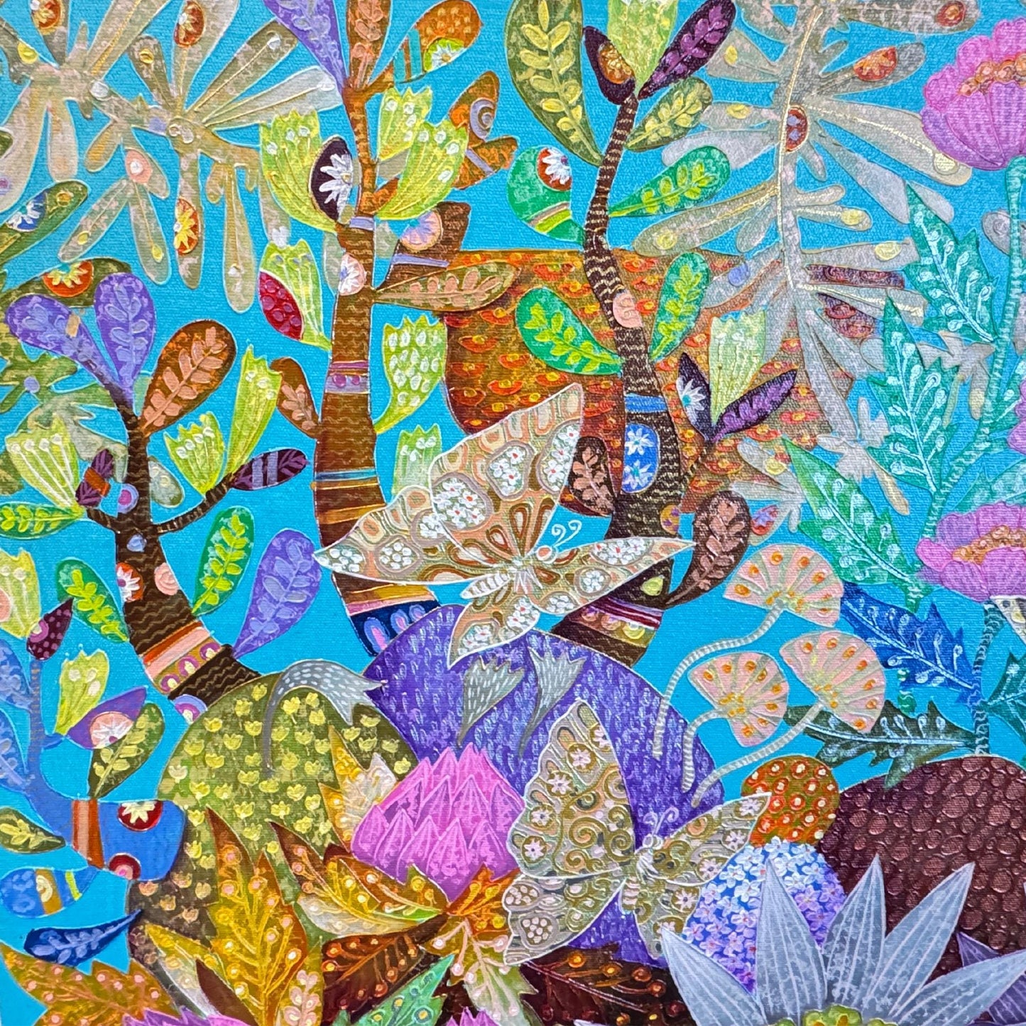 Passion Flower Butterfly Garden Fine art Painting Acrylic Canvas signed Agung Bali Wall Art Bohemian Decor Turquoise Purple Psychedelic Art - Acadia World Traders