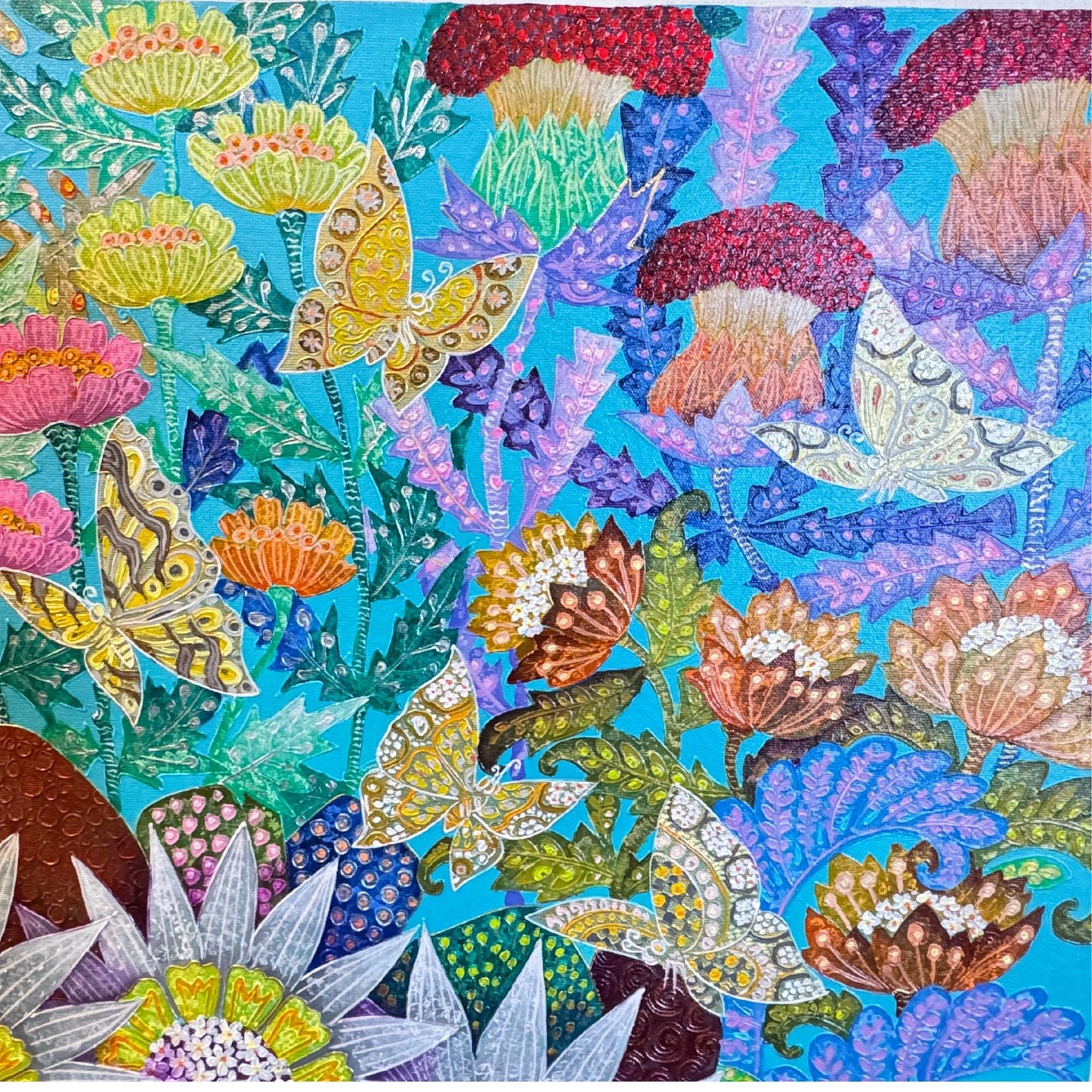 Passion Flower Butterfly Garden Fine art Painting Acrylic Canvas signed Agung Bali Wall Art Bohemian Decor Turquoise Purple Psychedelic Art - Acadia World Traders