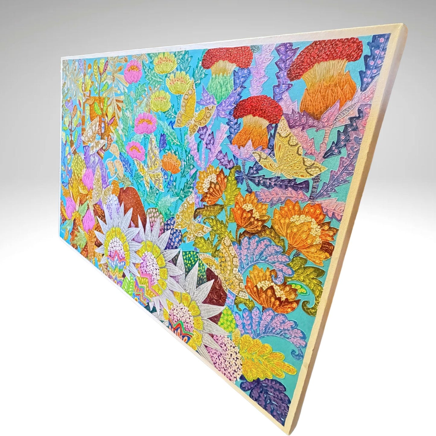 Passion Flower Butterfly Garden Fine art Painting Acrylic Canvas signed Agung Bali Wall Art Bohemian Decor Turquoise Purple Psychedelic Art - Acadia World Traders