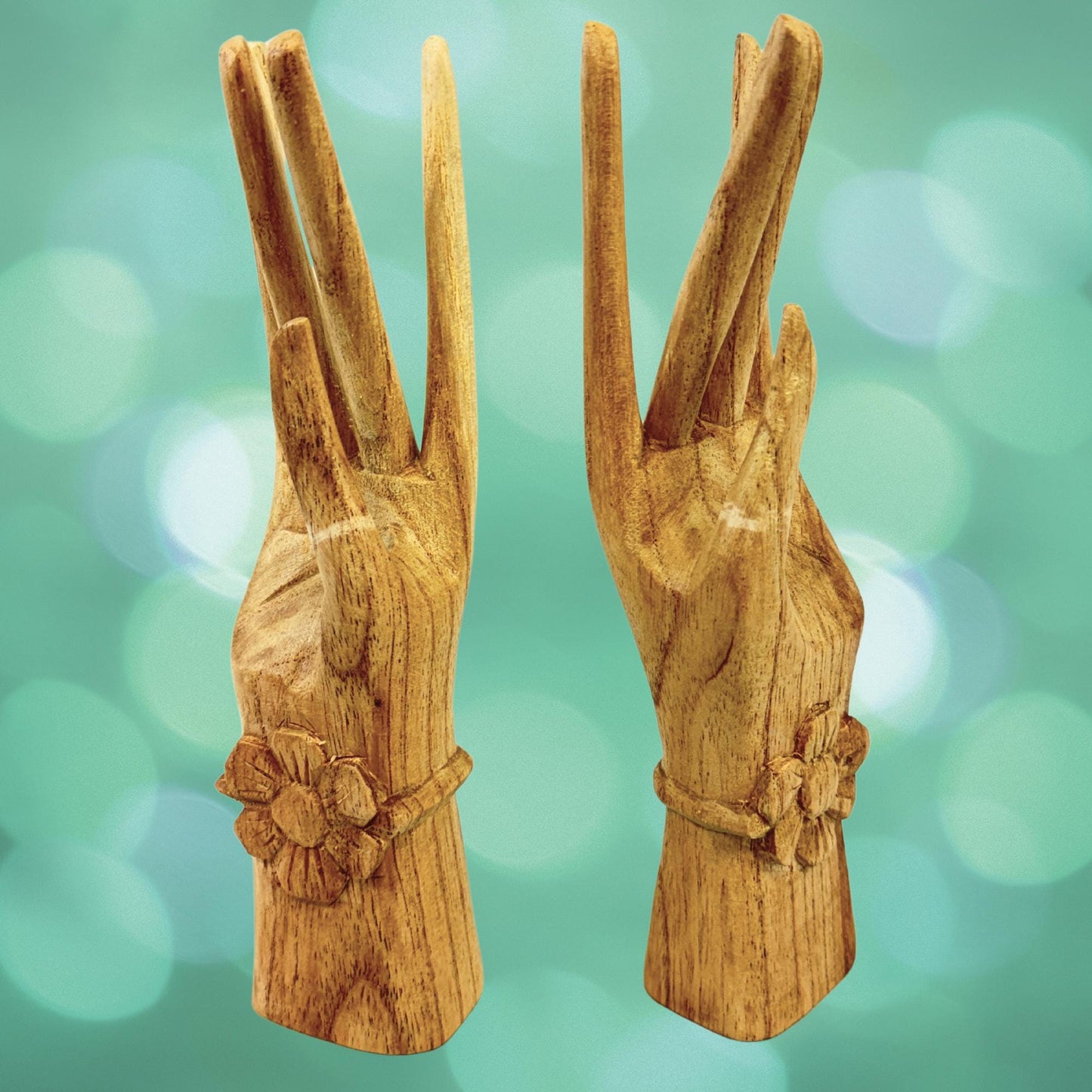 Carved Wood Buddha Mudra Hand Statue: Balinese Sculpture (Set of 2)