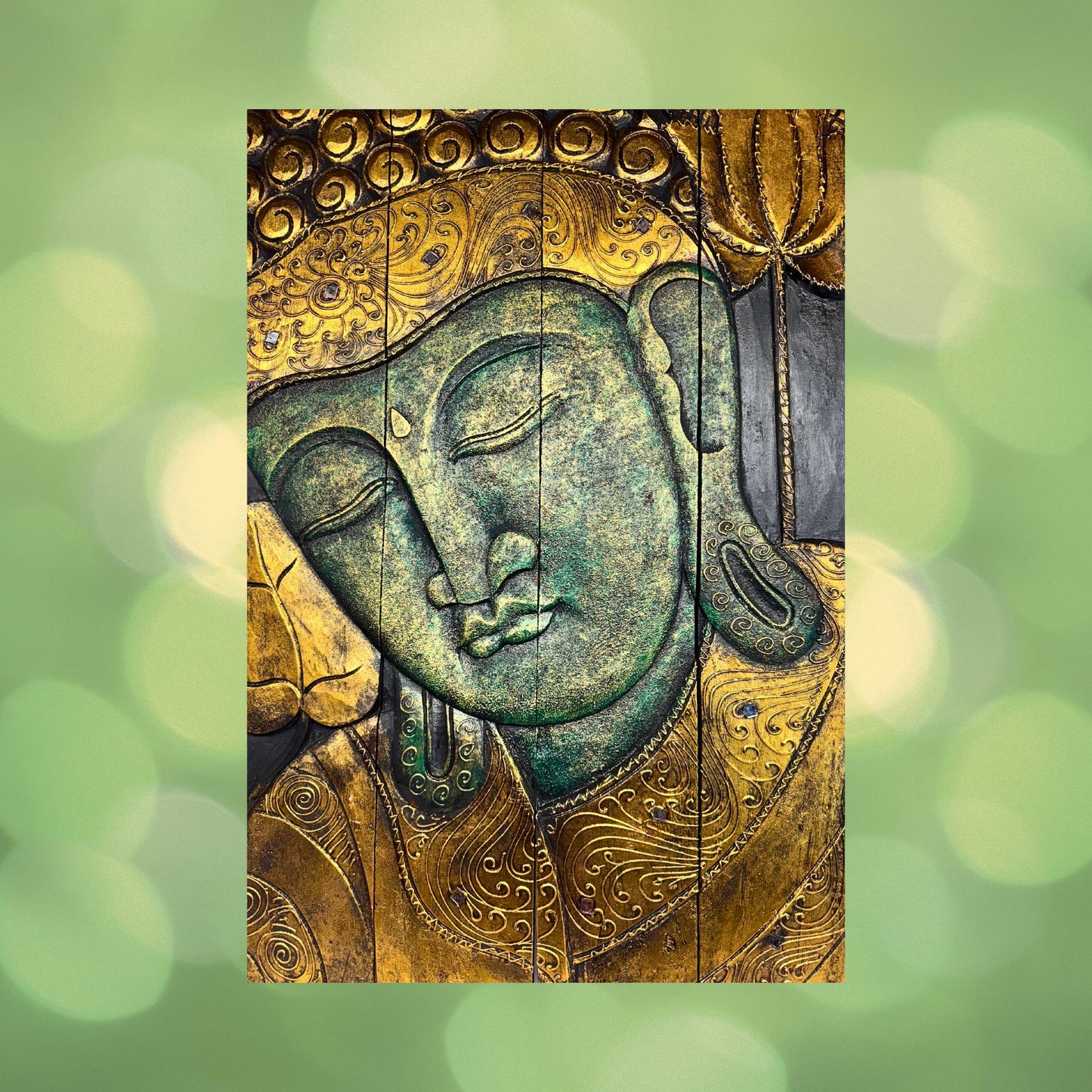Buddha Carved Wooden Panel Wall Art Folding Screen Wood Carving Balinese Eclectic Asian Style Boho Decor Gold Verdigris Green