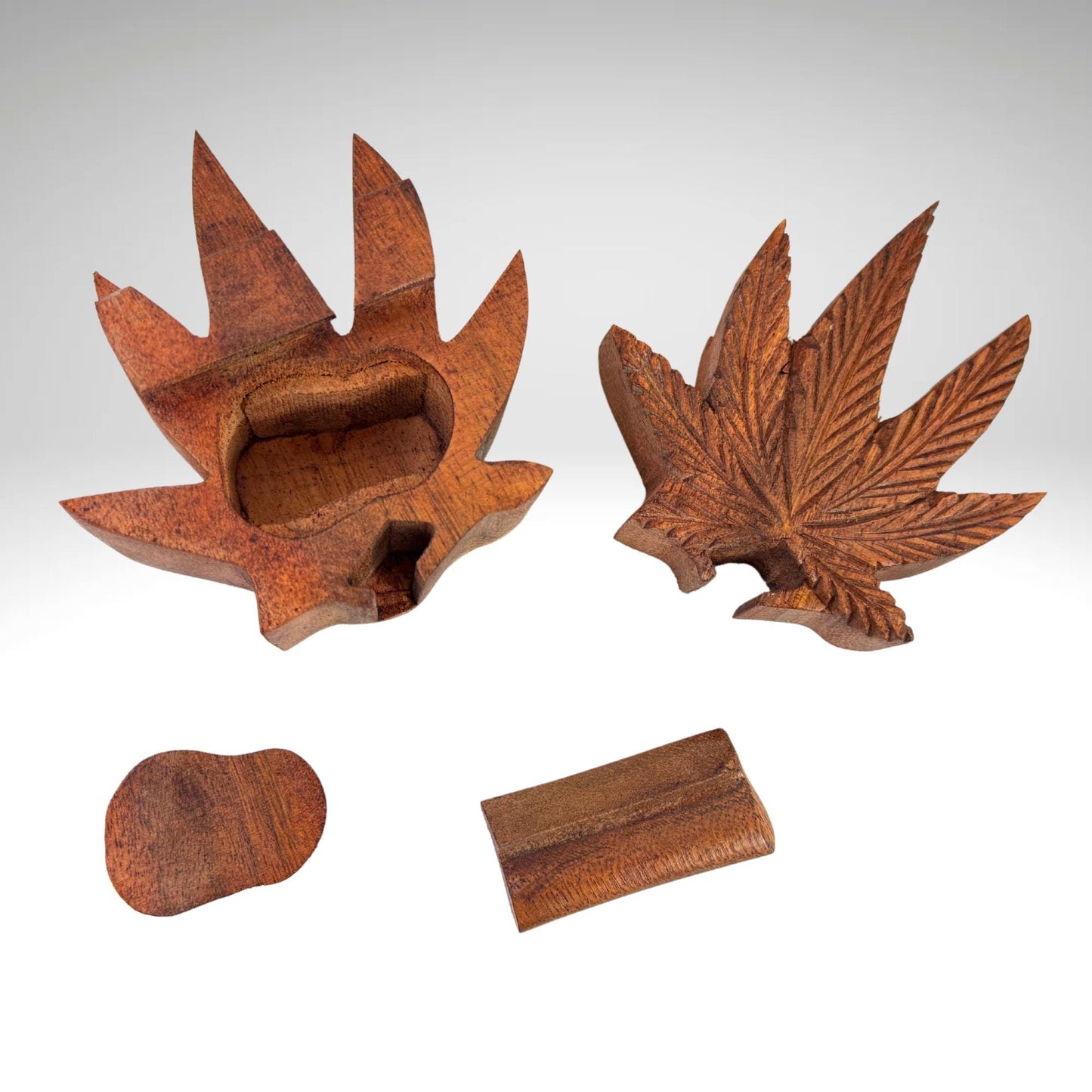 Weed Hemp Leaf Secret Puzzle Trinket Stash Box Jewelry gift Box Hand Carved Wood Carving Bali art - Acadia World Traders
