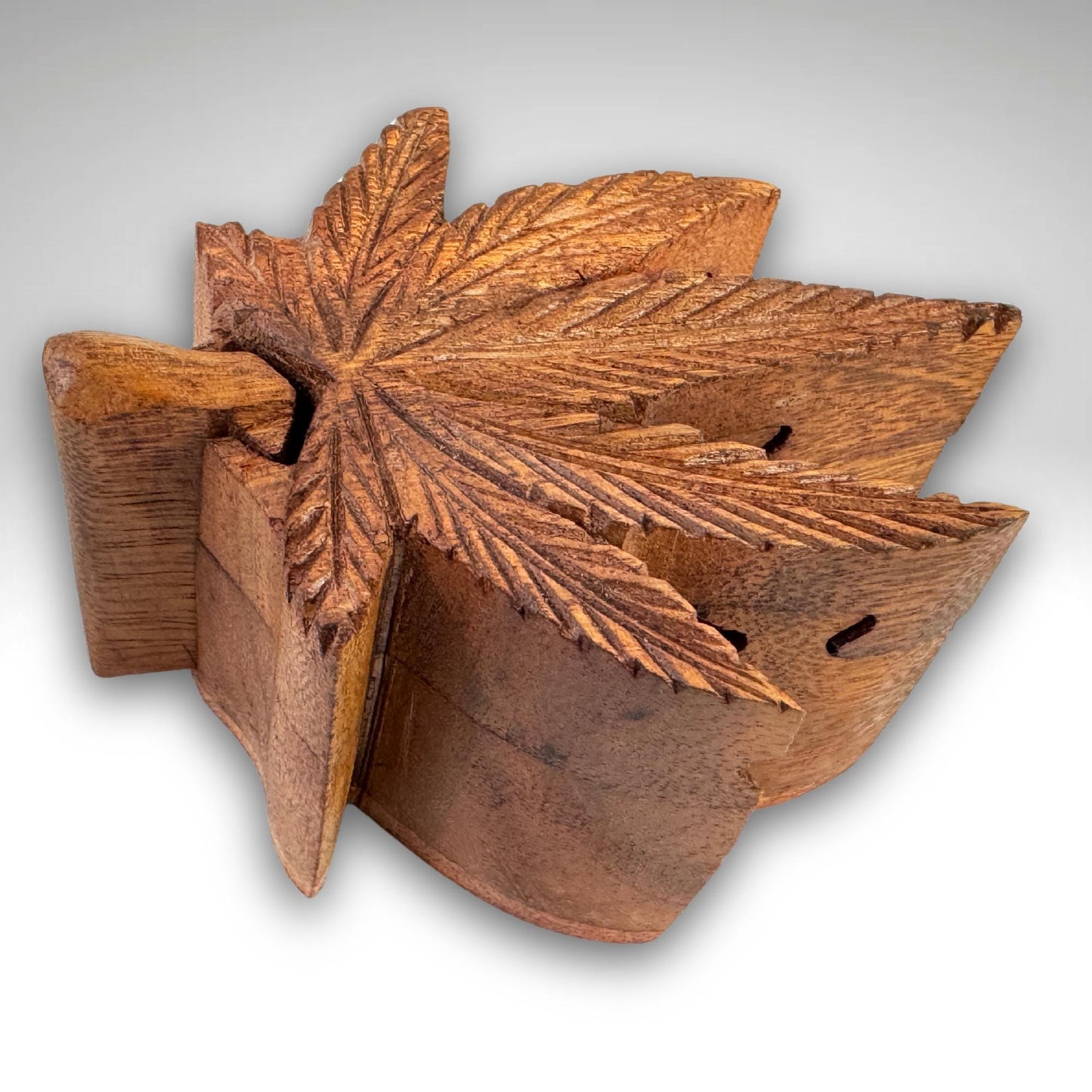 Weed Hemp Leaf Secret Puzzle Trinket Stash Box Jewelry gift Box Hand Carved Wood Carving Bali art - Acadia World Traders