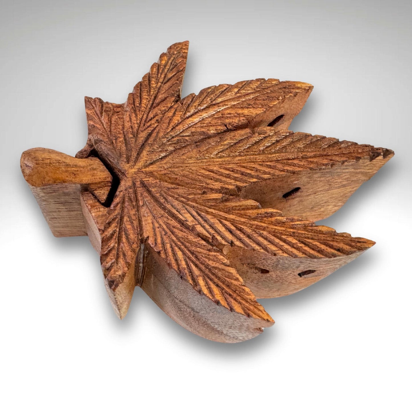 Hand Carved Wood Hemp Leaf Puzzle Box: Stash Container