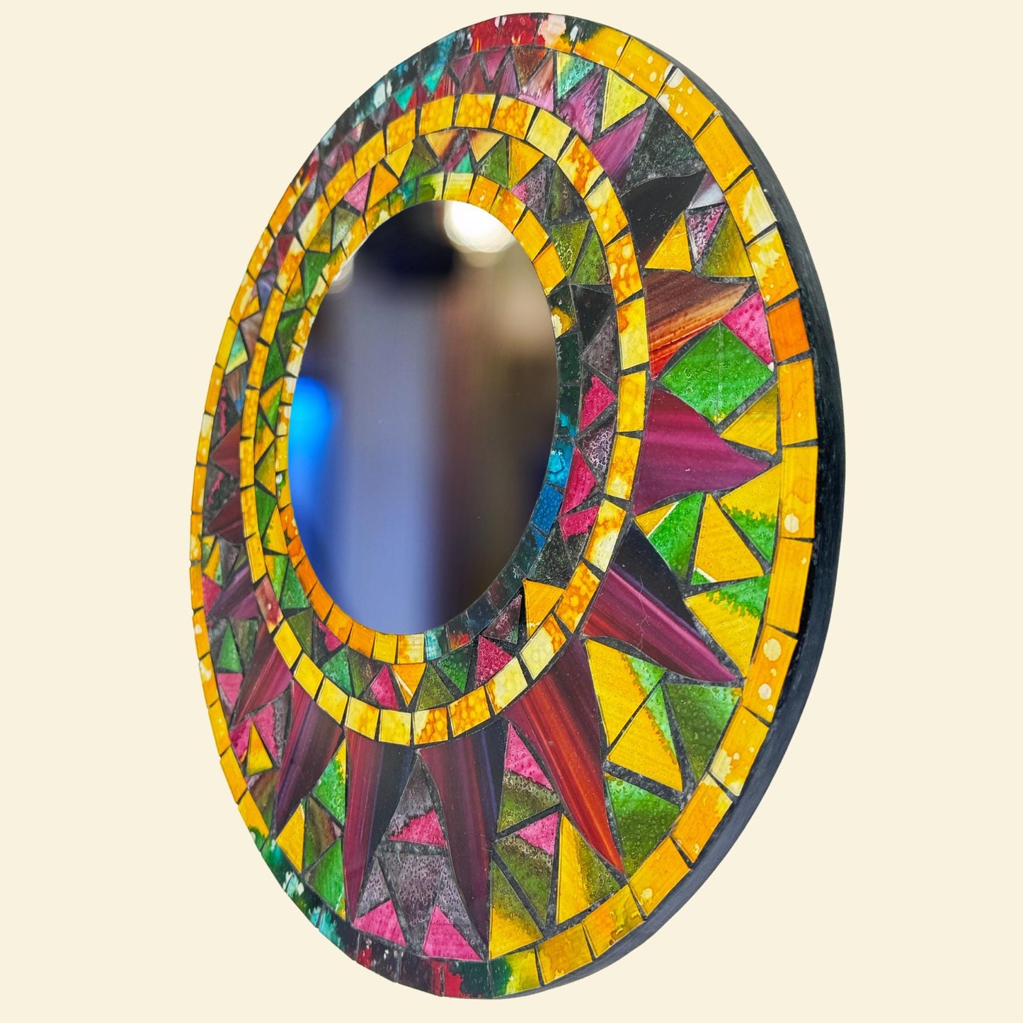 Sunburst Sun Mirror Mosaic Wall Art Plaque Panel Hand Painted Glass Bali Handicraft Boho Celestial Decor - Acadia World Traders