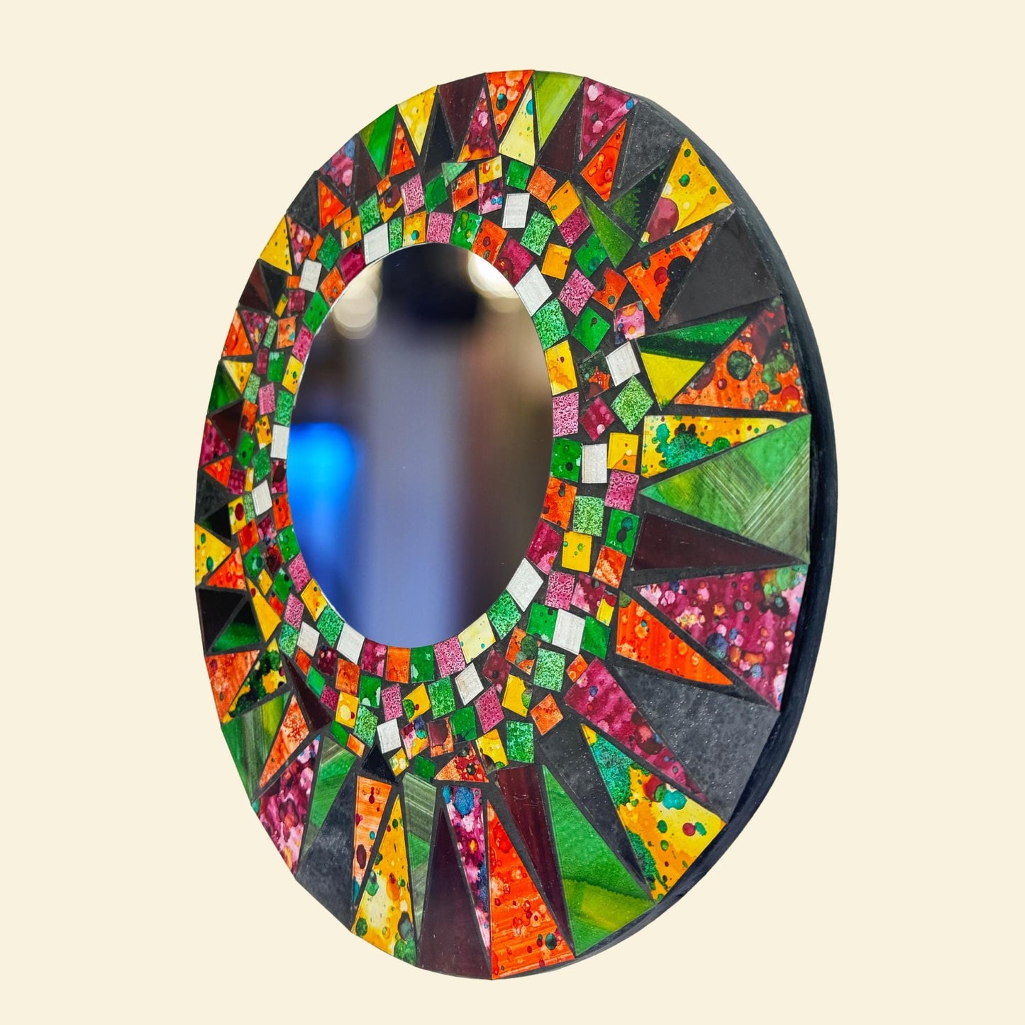 Sunburst Sun Mirror Mosaic Wall Art Plaque Panel Hand Painted Glass Bali Handicraft Boho Celestial Decor - Acadia World Traders