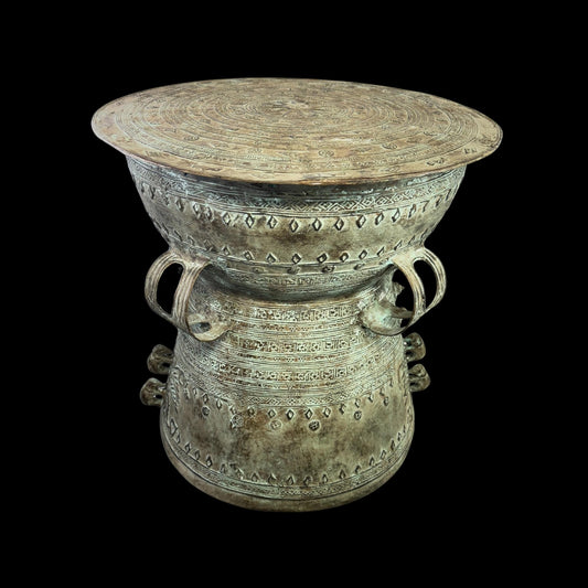 Vintage Rain Drum genuine Bronze Moko Garden side table plant stand Balinese Indonesian art Green Verdigris Patina - Acadia World Traders