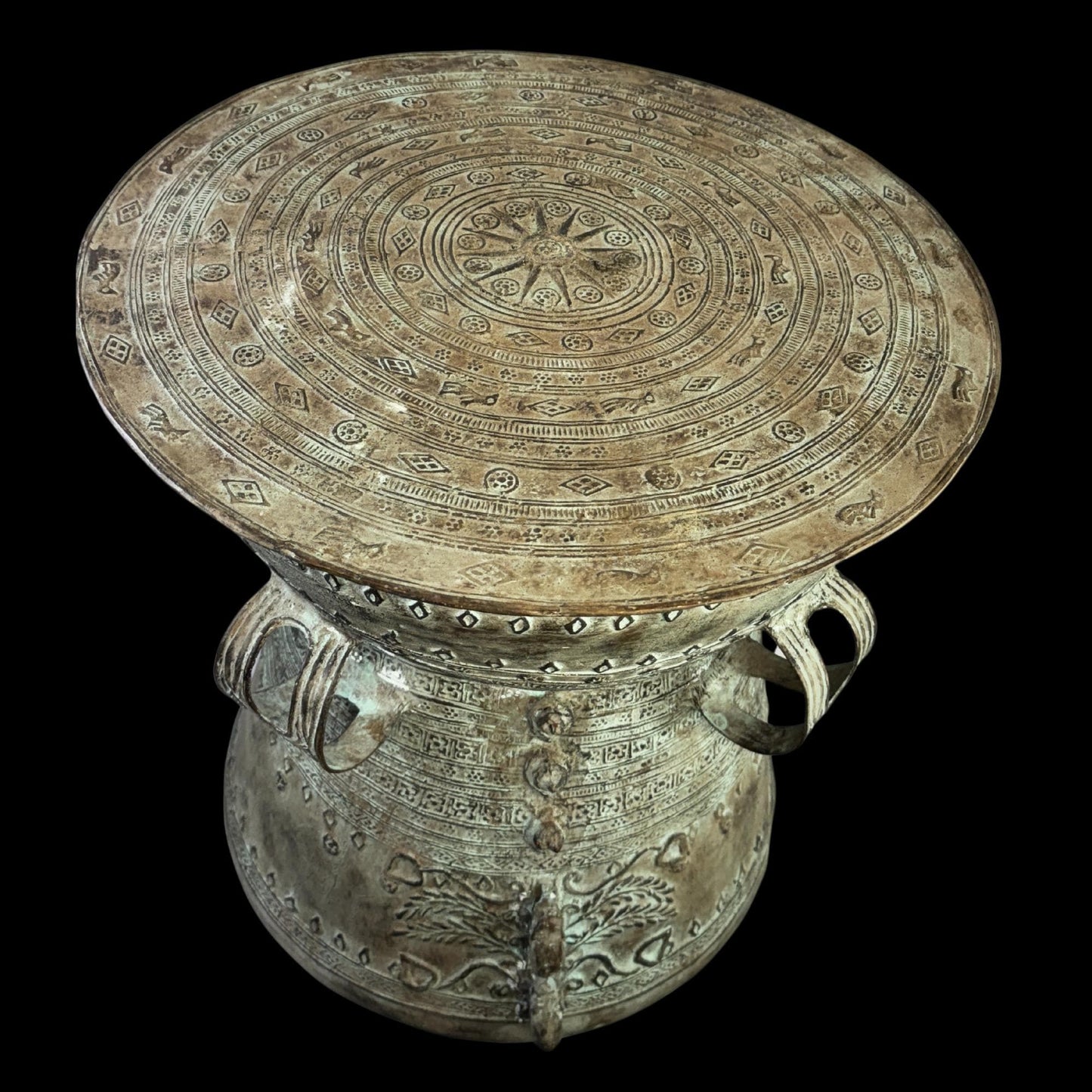 Vintage Rain Drum genuine Bronze Moko Garden side table plant stand Balinese Indonesian art Green Verdigris Patina - Acadia World Traders