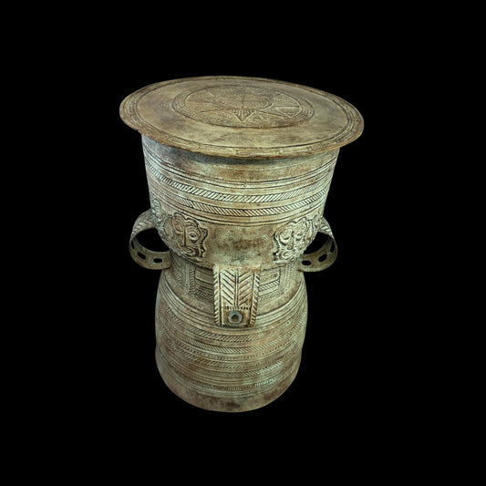 Vintage Rain Drum genuine Bronze Moko Garden side table plant stand Balinese Indonesian art Green Verdigris Patina - Acadia World Traders