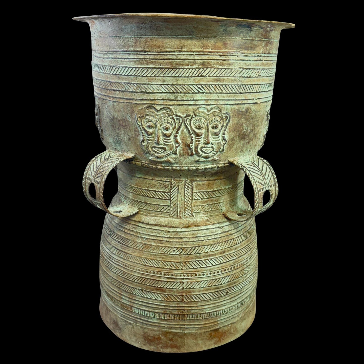 Vintage Rain Drum genuine Bronze Moko Garden side table plant stand Balinese Indonesian art Green Verdigris Patina - Acadia World Traders