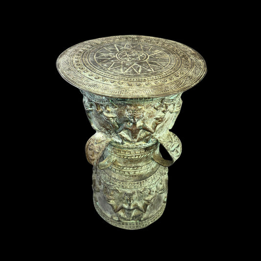 Vintage Rain Drum genuine Bronze Moko Garden side table plant stand Balinese Indonesian art Green Verdigris Patina - Acadia World Traders