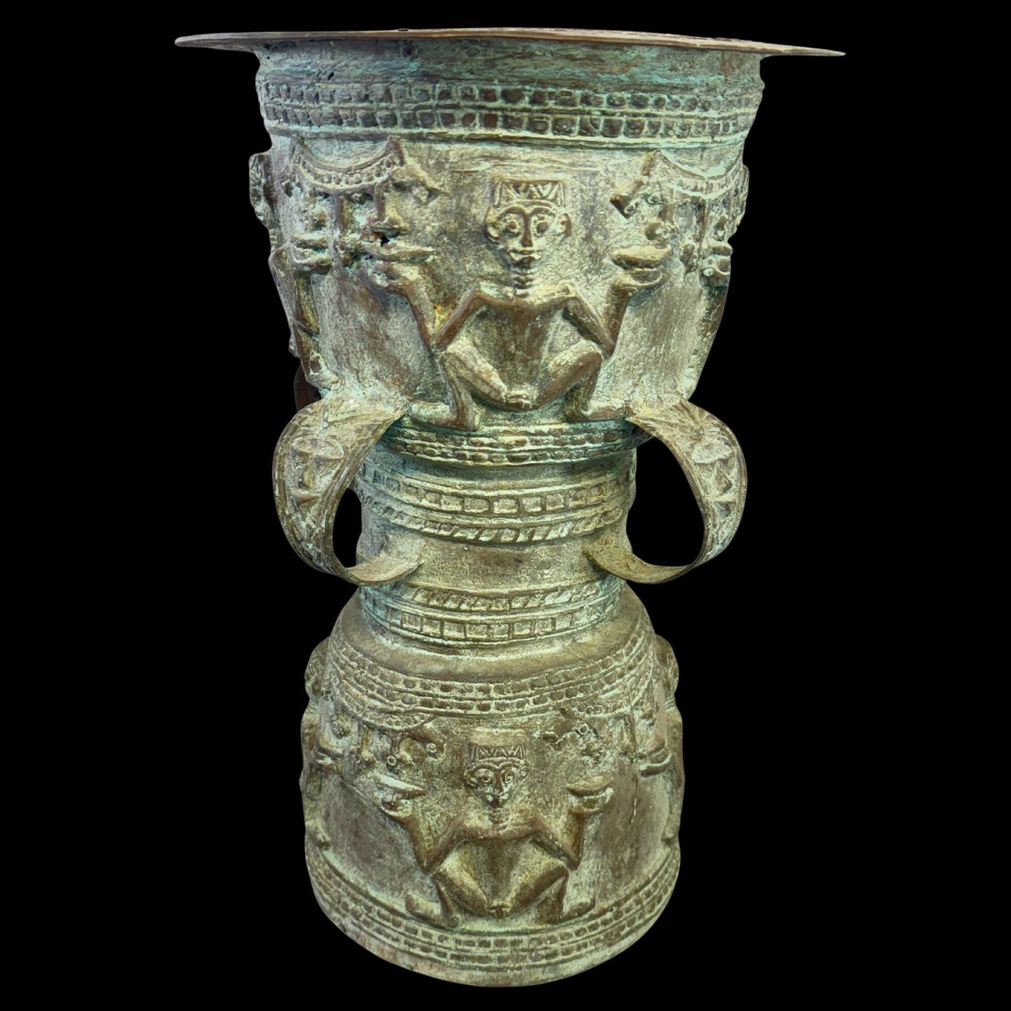 Vintage Rain Drum genuine Bronze Moko Garden side table plant stand Balinese Indonesian art Green Verdigris Patina - Acadia World Traders