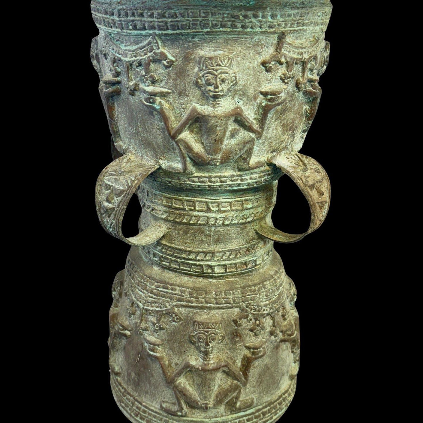 Vintage Rain Drum genuine Bronze Moko Garden side table plant stand Balinese Indonesian art Green Verdigris Patina - Acadia World Traders