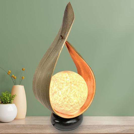 Accent Table Lamp Natural Upcycled Palm Frond Sheath Teardrop Boho Decor Handmade Balinese Homeware Art