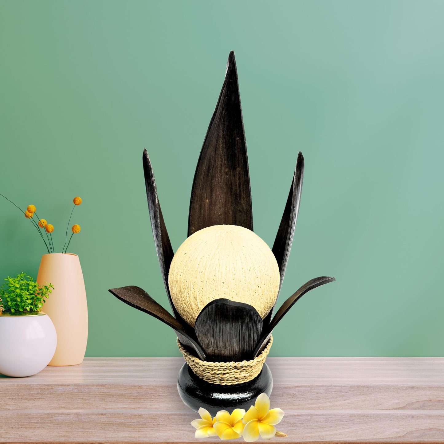 Accent Table Lamp Lotus Natural Upcycled Palm Frond Sheath Boho Decor Handmade Balinese Homeware Art