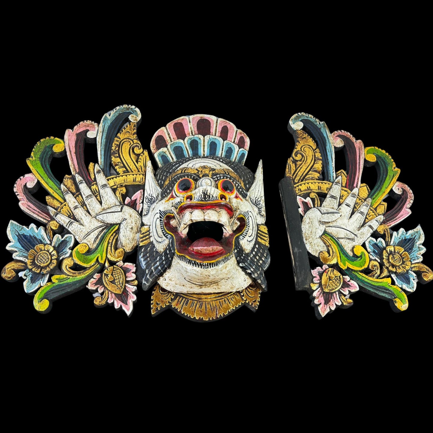 Balinese Mask Boma Barong Bhoma Protector Guardian Mask Polychrome Hand Carved wood Carving Bali Folk Art Wall Decor - Acadia World Traders