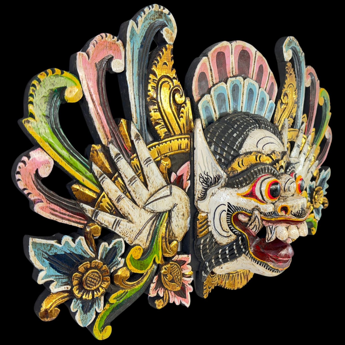 Balinese Mask Boma Barong Bhoma Protector Guardian Mask Polychrome Hand Carved wood Carving Bali Folk Art Wall Decor - Acadia World Traders