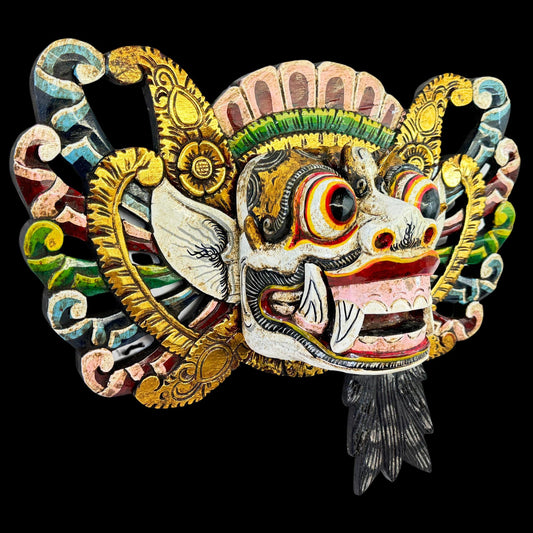 Balinese Mask Barong Protector Guardian  Mask Polychrome Hand Carved wood Carving Bali Folk Art Wall Decor - Acadia World Traders